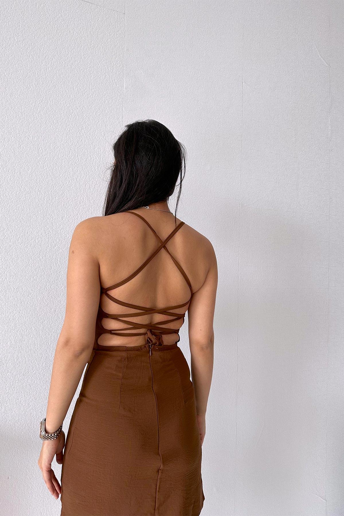 Kahverengi Askılı Sırtı Çapraz Kısa Kadın Elbise | Trend&Şık Tasarımlar |  minetanbutik.com.tr