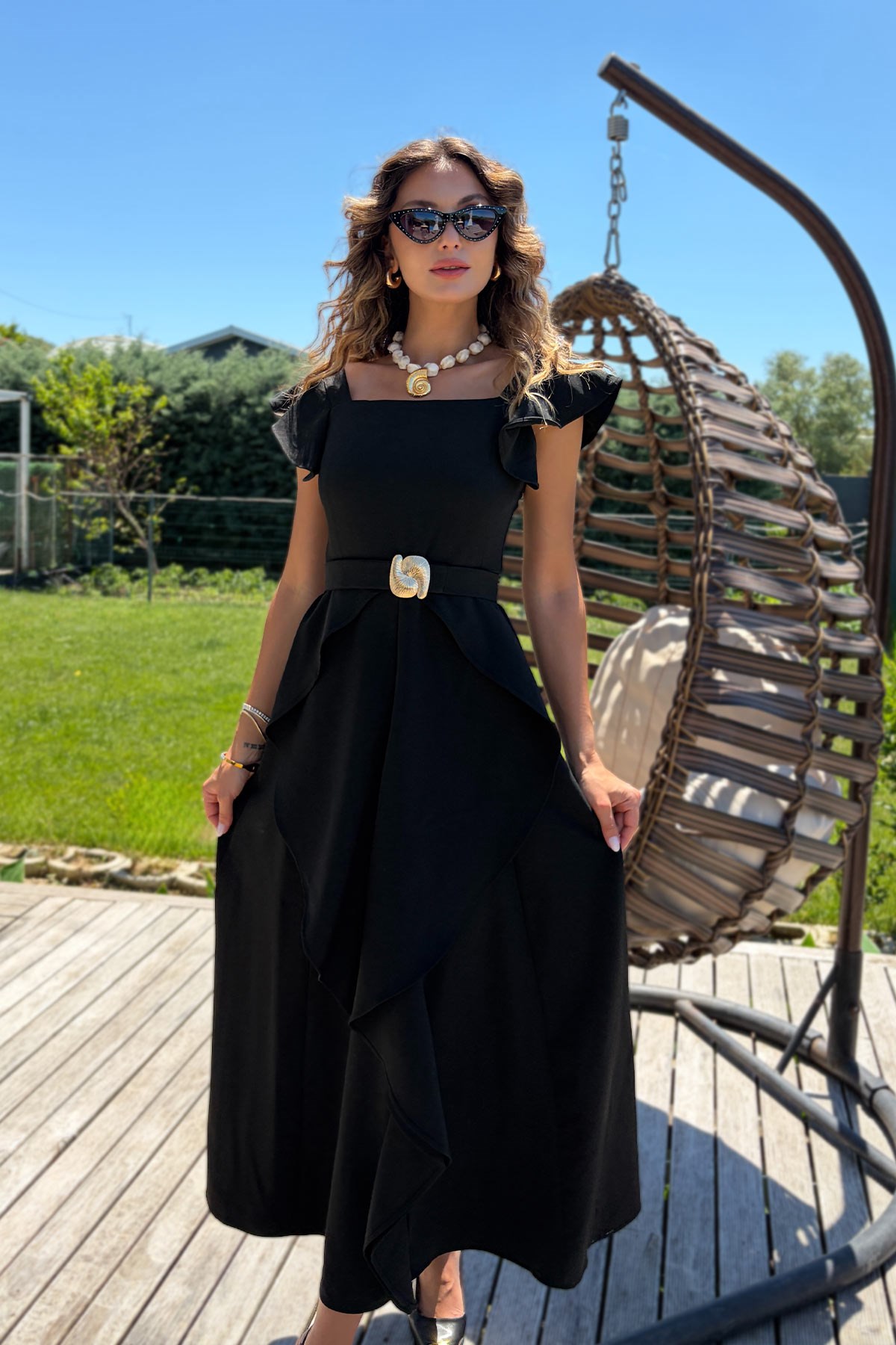 Kalın Askılı Kare Yaka Gold Kemerli Mezuniyet Elbise - Siyah · 4
