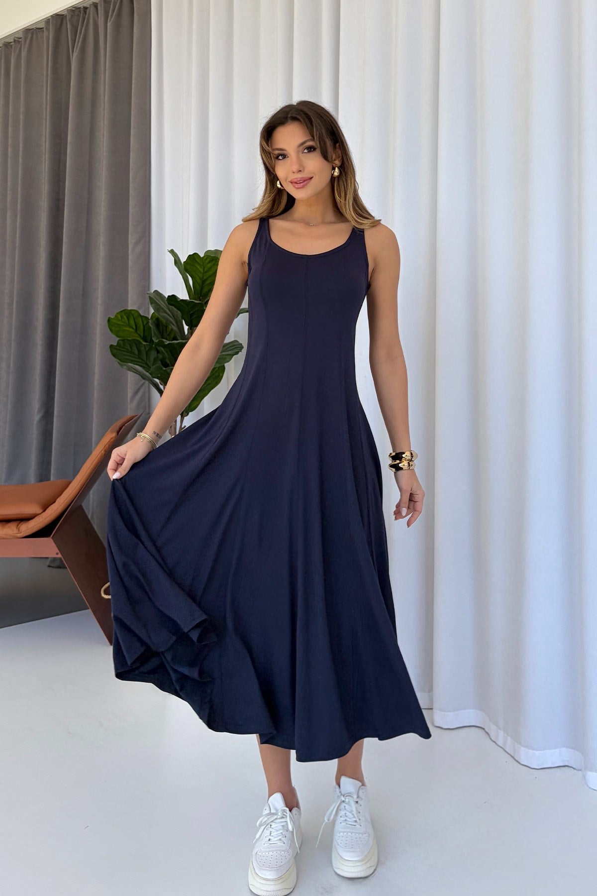 Kalın Askılı Modal Kumaş Kadın Midi Boy Elbise - Lacivert