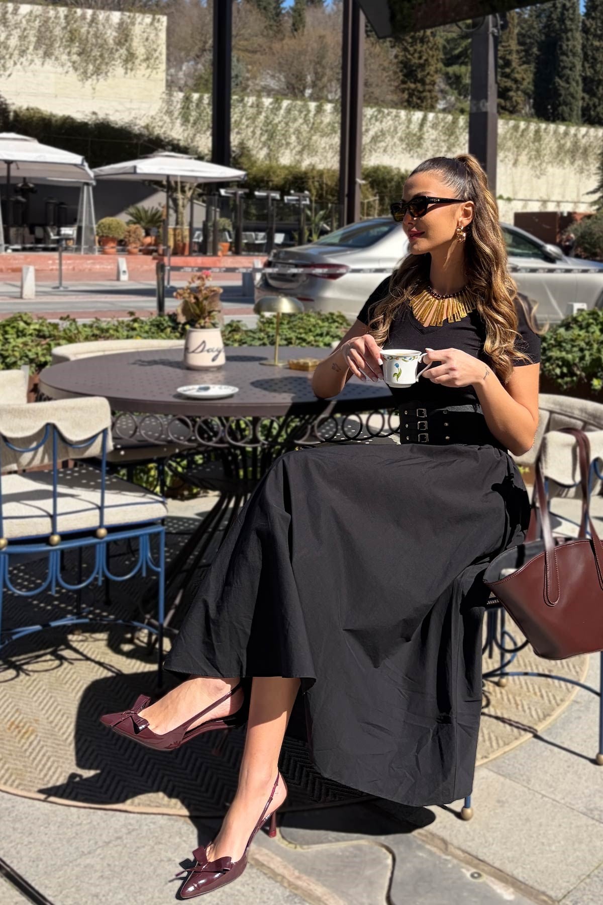 Kalın Kemerli Midi Kadın Etek - Siyah