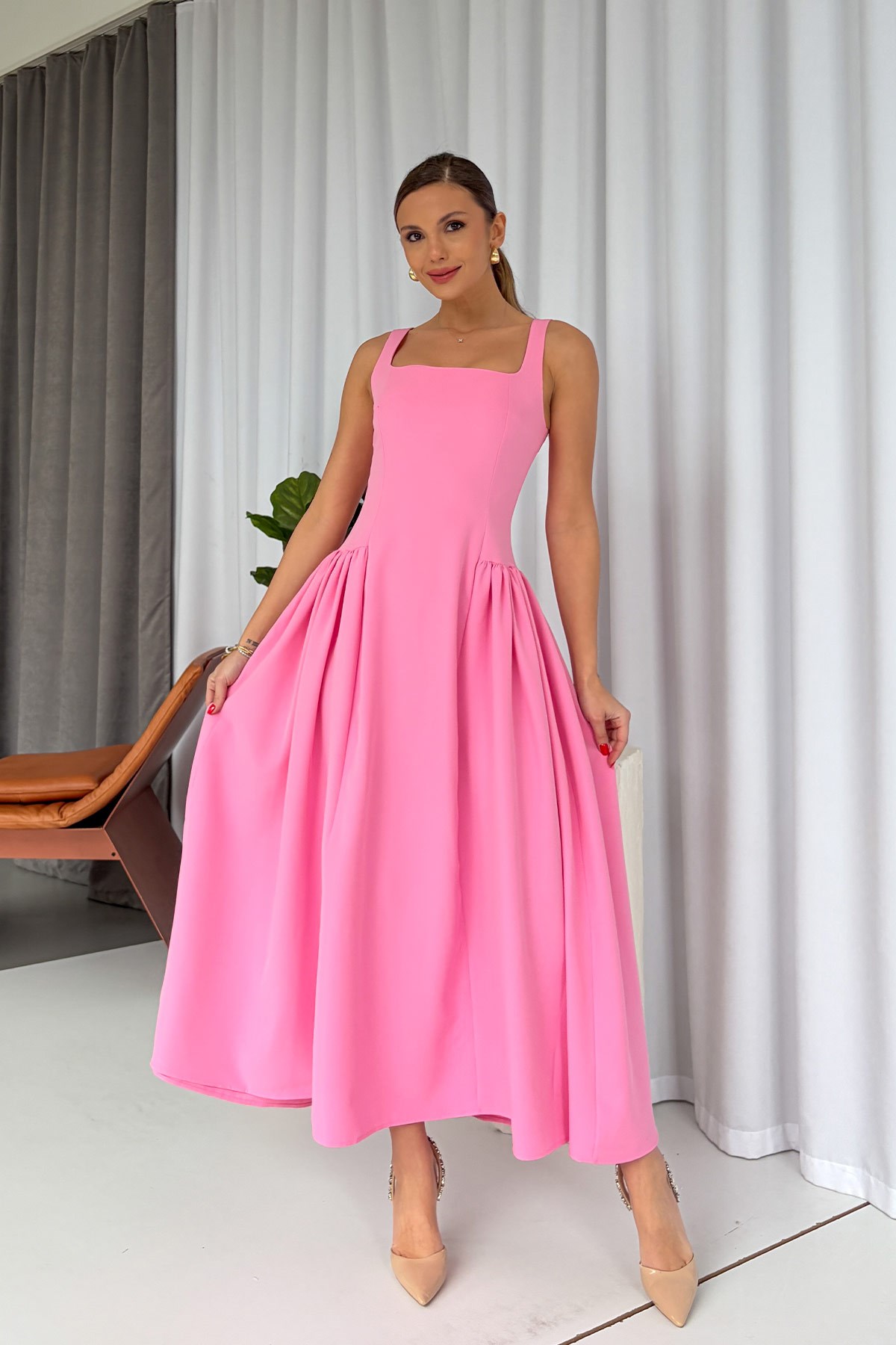 Kare Yaka Etekleri Drape Detaylı Kadın Elbise - Pembe · 6