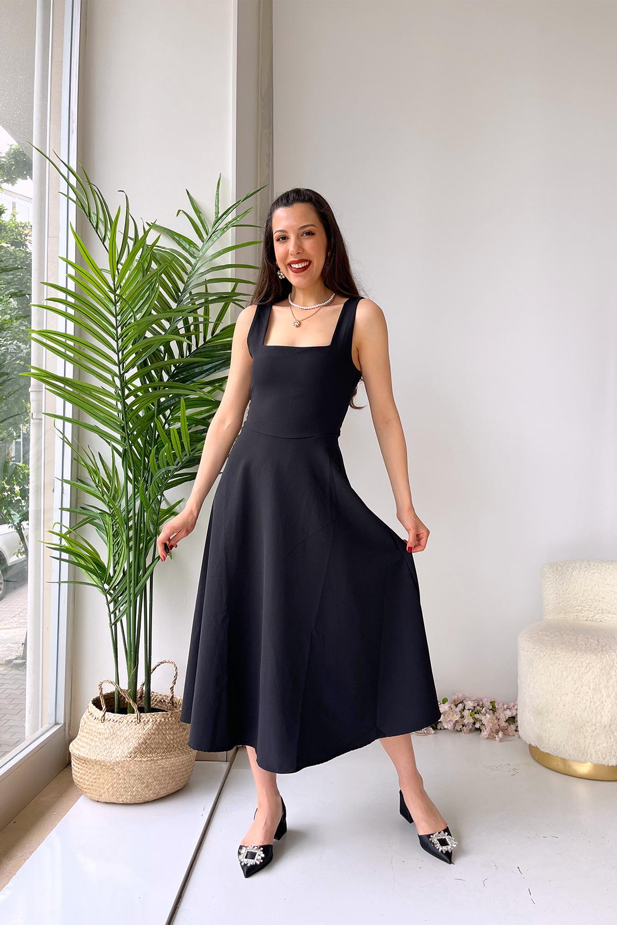Kare Yaka Kiloş Kadın Elbise - Siyah | Trend&Şık Tasarımlar | minetanbutik .com.tr