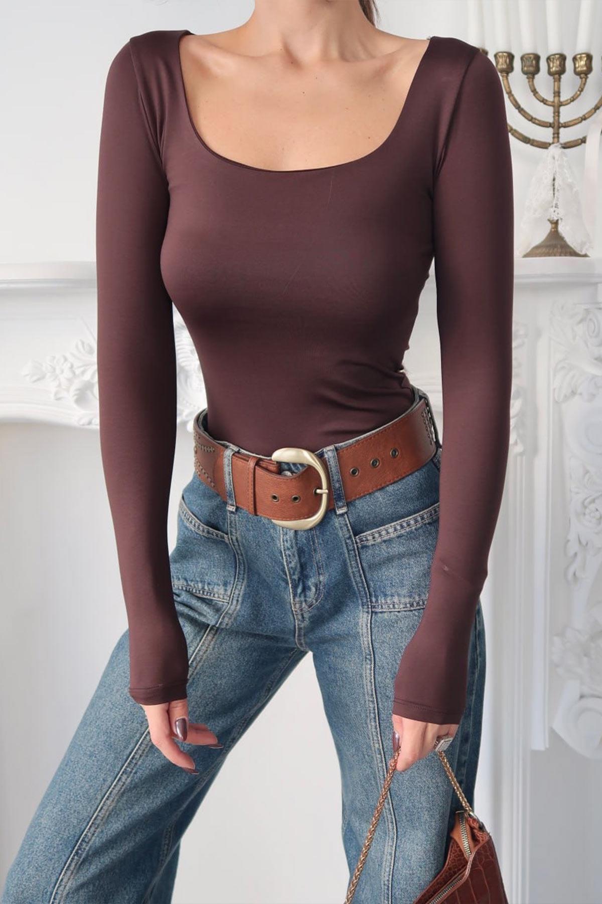 Kare Yaka Sandy Kumaş Basic Kadın Body - Kahverengi