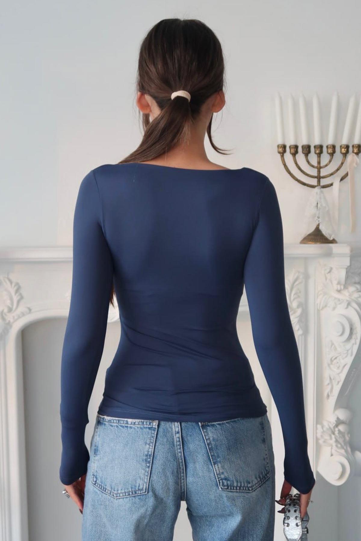 Kare Yaka Sandy Kumaş Basic Kadın Body - Lacivert · 2
