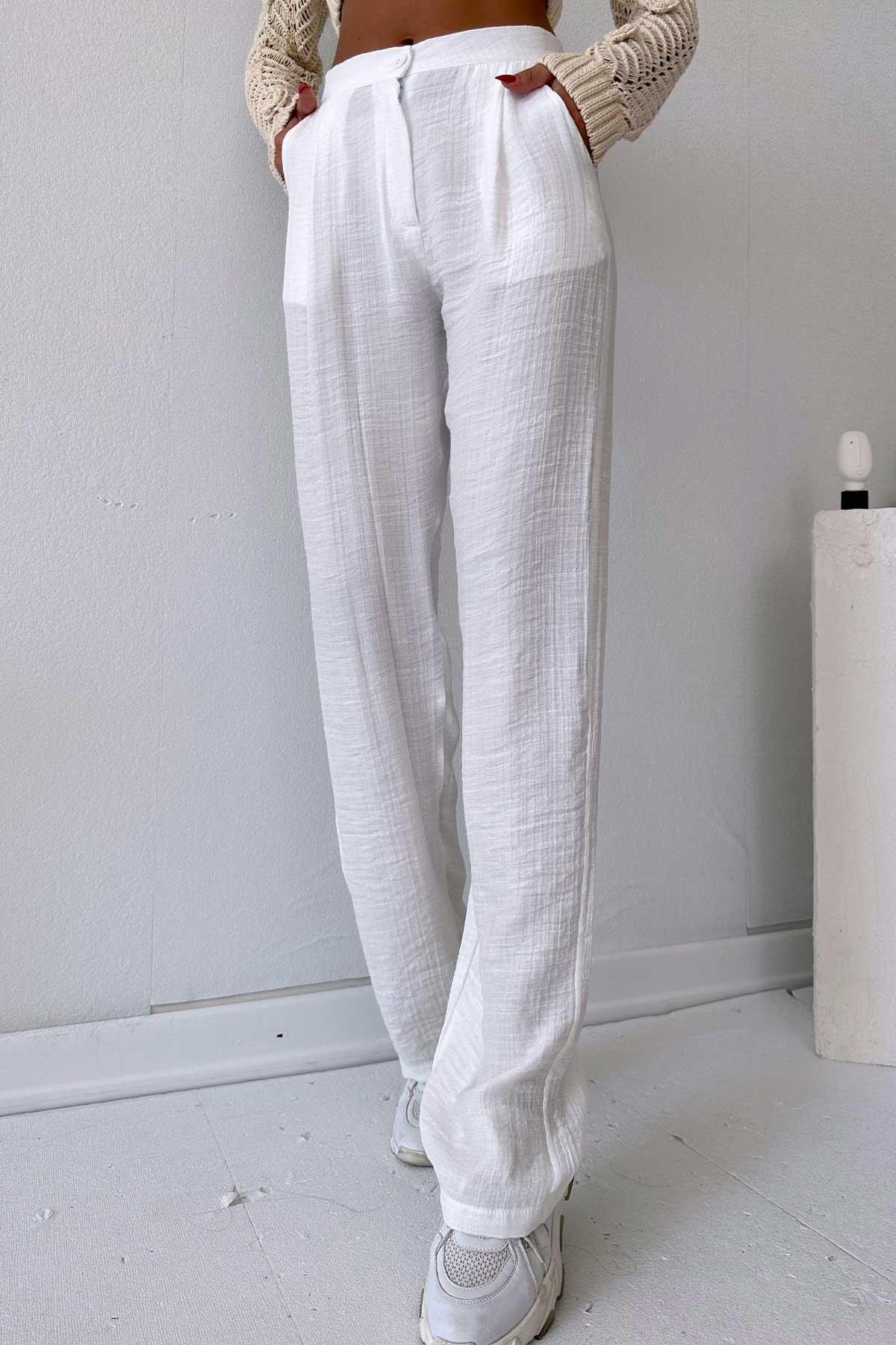 Keten Kumaş 4 Renk Bol Paça Kadın Pantolon - Beyaz