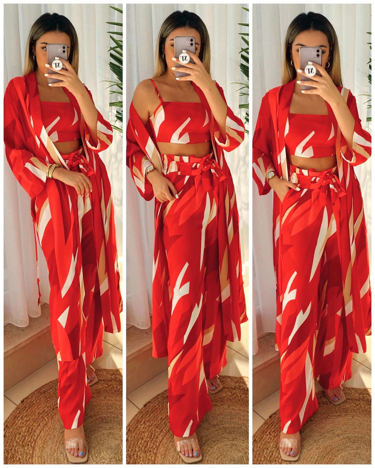 Kimono Pantolon Crop 3'lü Desenli Takım
