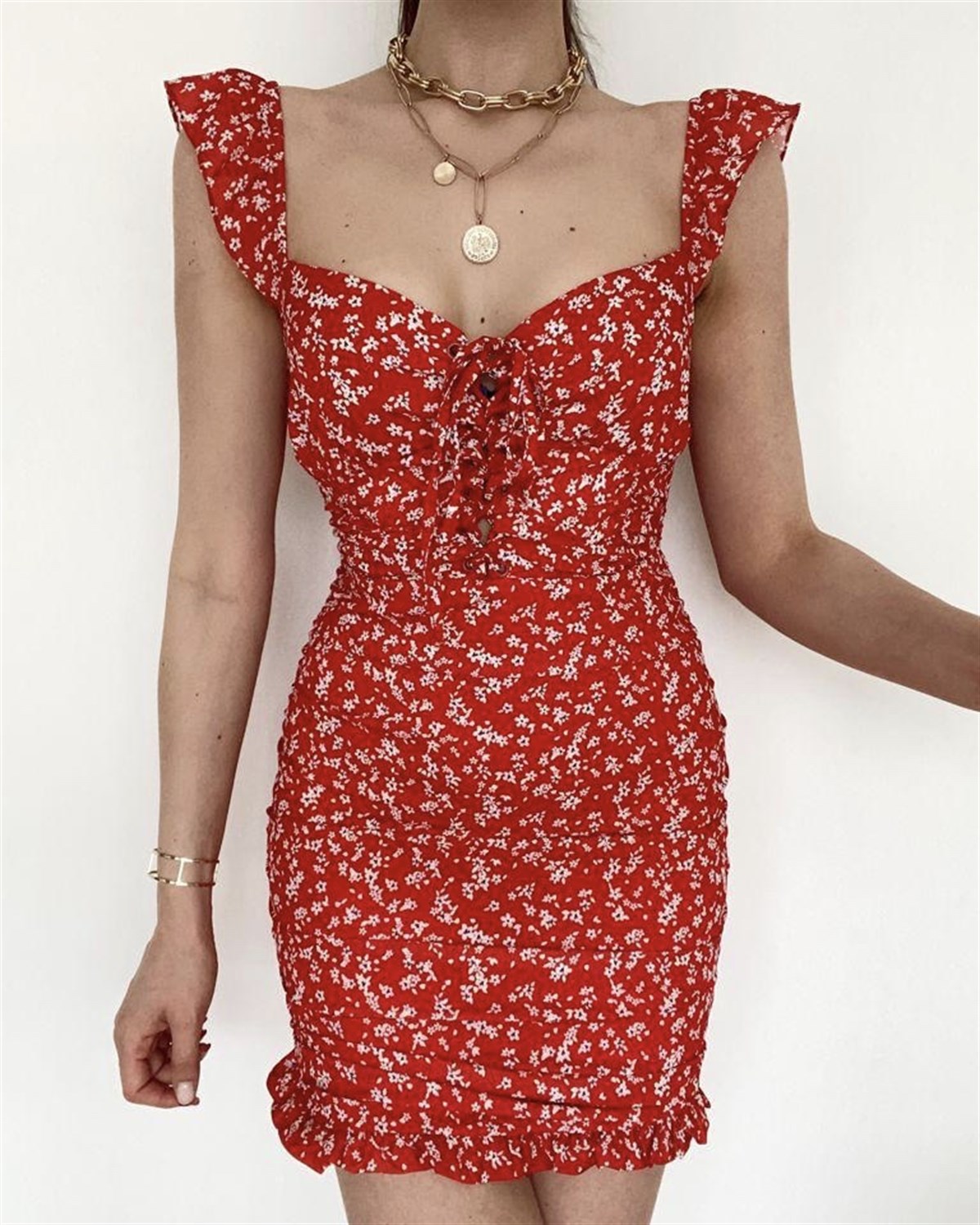 Kırmızı Çiçekli Mini Elbise | Trend&Şık Tasarımlar | minetanbutik.com.tr