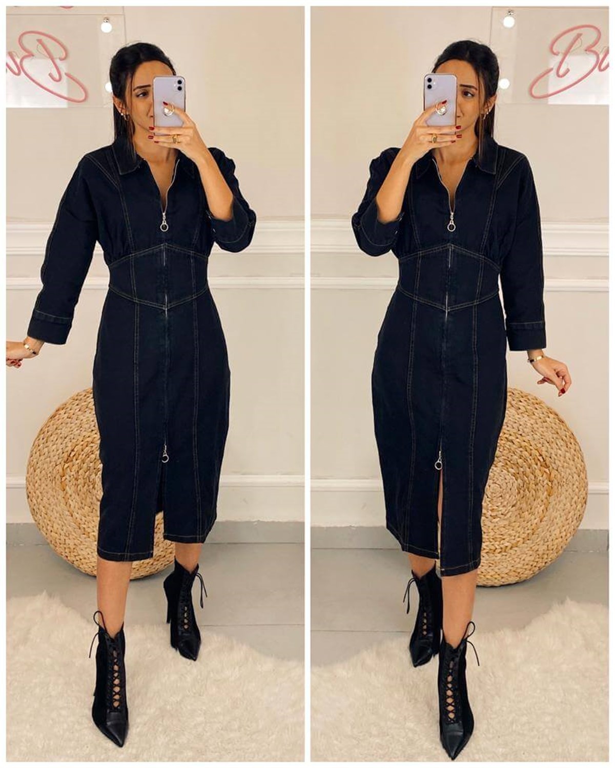 Kot Uzun Kol Siyah Polo Yaka Düz renk Kadın Elbise | Trend&Şık Tasarımlar |  minetanbutik.com.tr