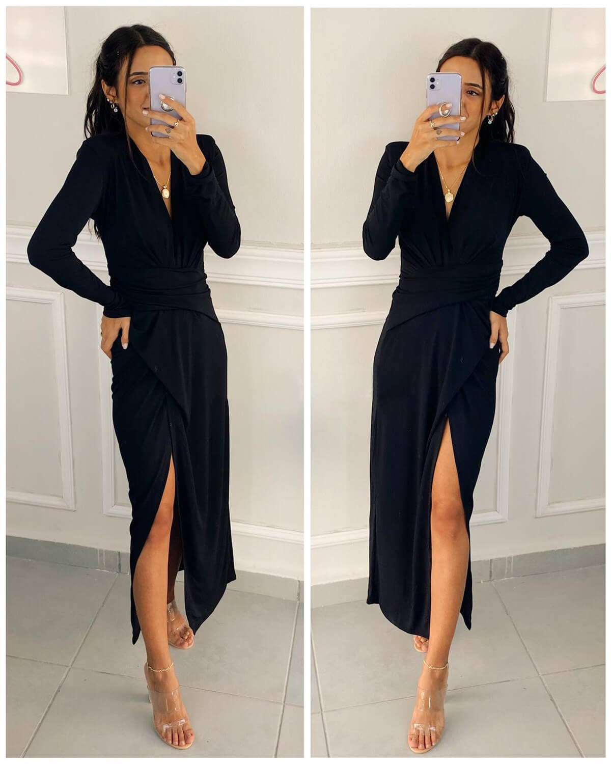 Kruvaze Yaka Dekolteli Siyah Yırtmaçlı Elbise | Trend&Şık Tasarımlar |  minetanbutik.com.tr