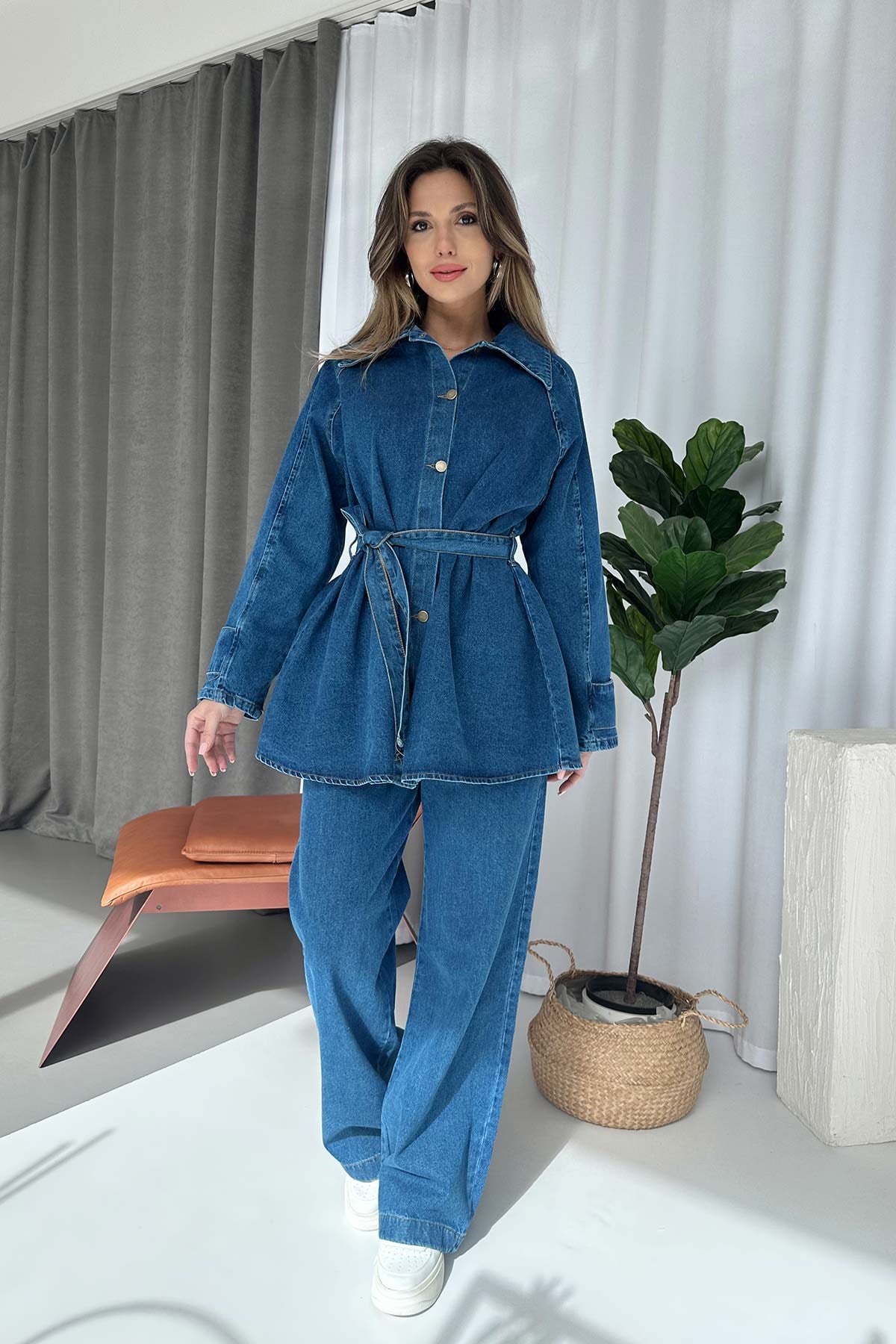 Kuşak Detay Gömlek Yaka Denim Takım - Mavi