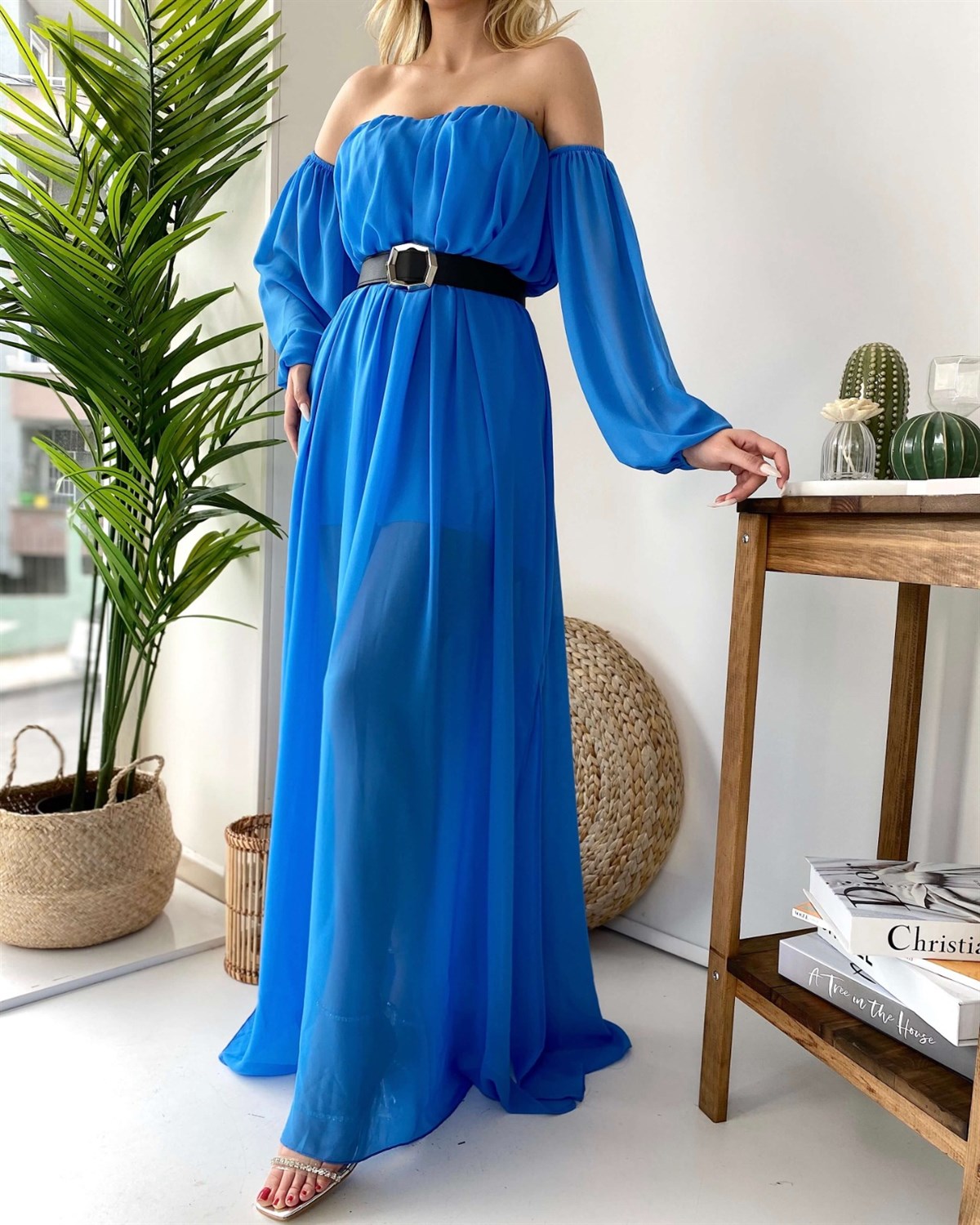 Mavi Straplez Düz Uzun Kol Kadın Elbise | Trend&Şık Tasarımlar |  minetanbutik.com.tr