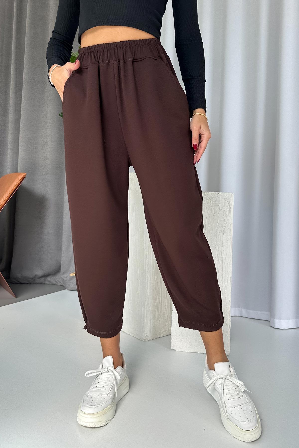 Modal Kumaş Paça Tutturmalı Kadın Pantolon - Kahverengi
