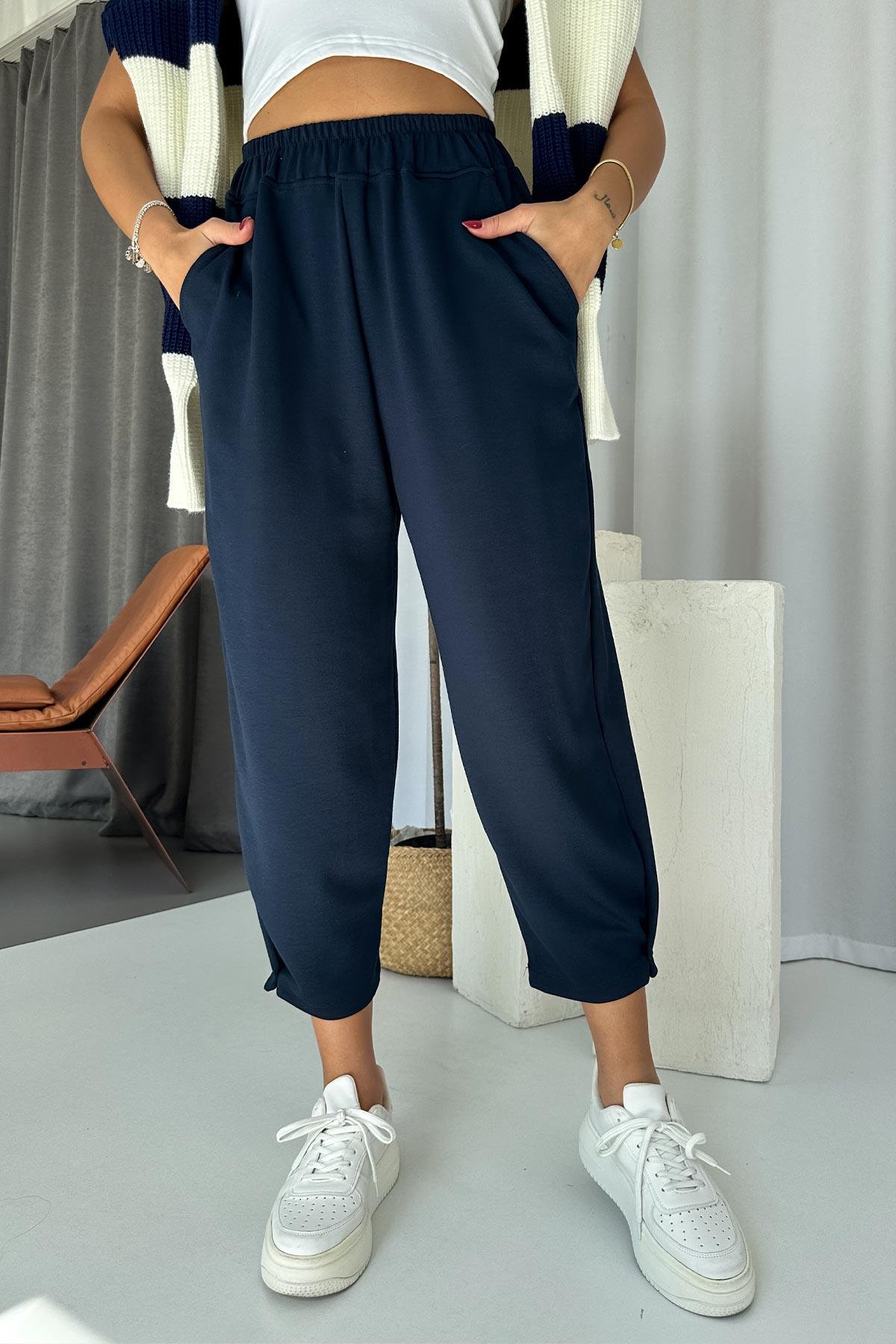 Modal Kumaş Paça Tutturmalı Kadın Pantolon - Lacivert