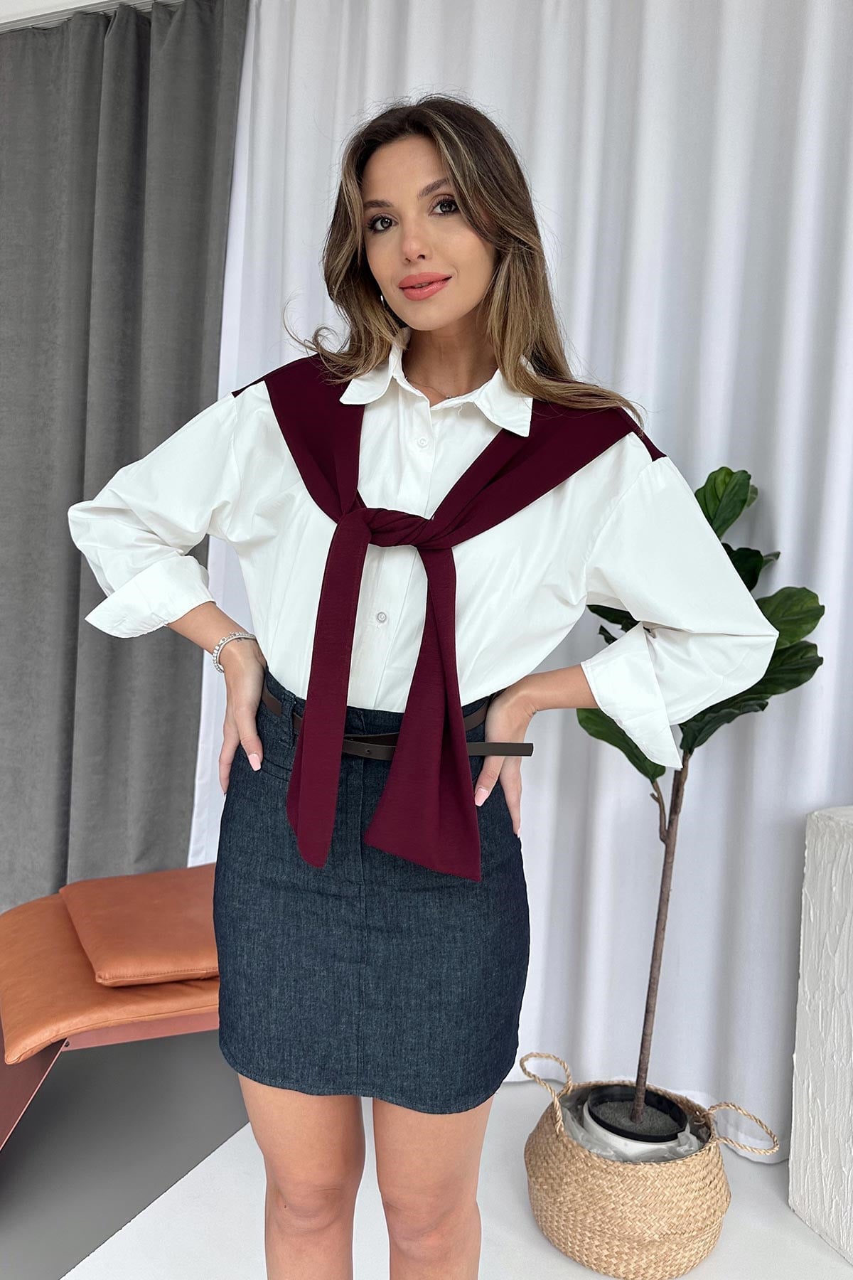Omuz Detaylı  Kadın Gömlek - Bordo