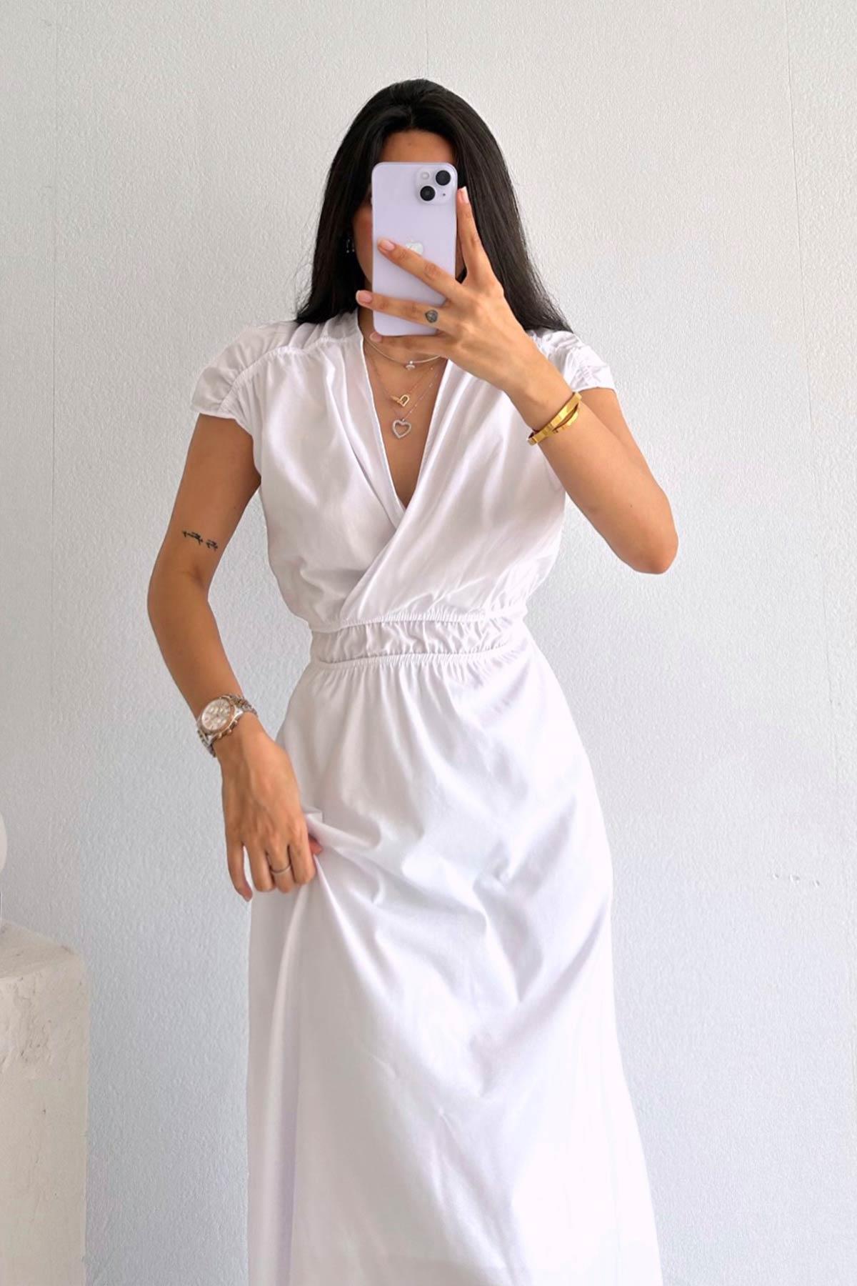 Ön V Arka V Yaka Uzun Beyaz Elbise | Trend&Şık Tasarımlar |  minetanbutik.com.tr