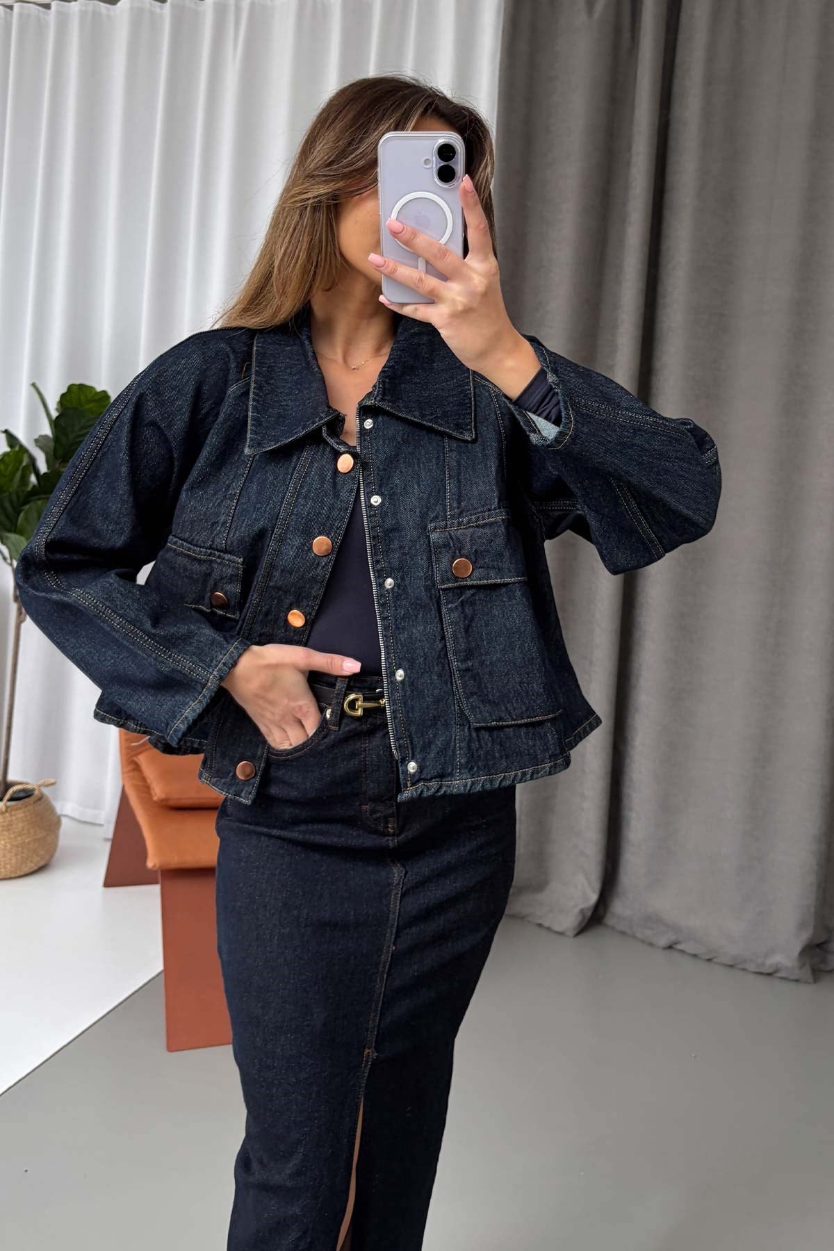 Oversize Cep Detay Denim Ceket