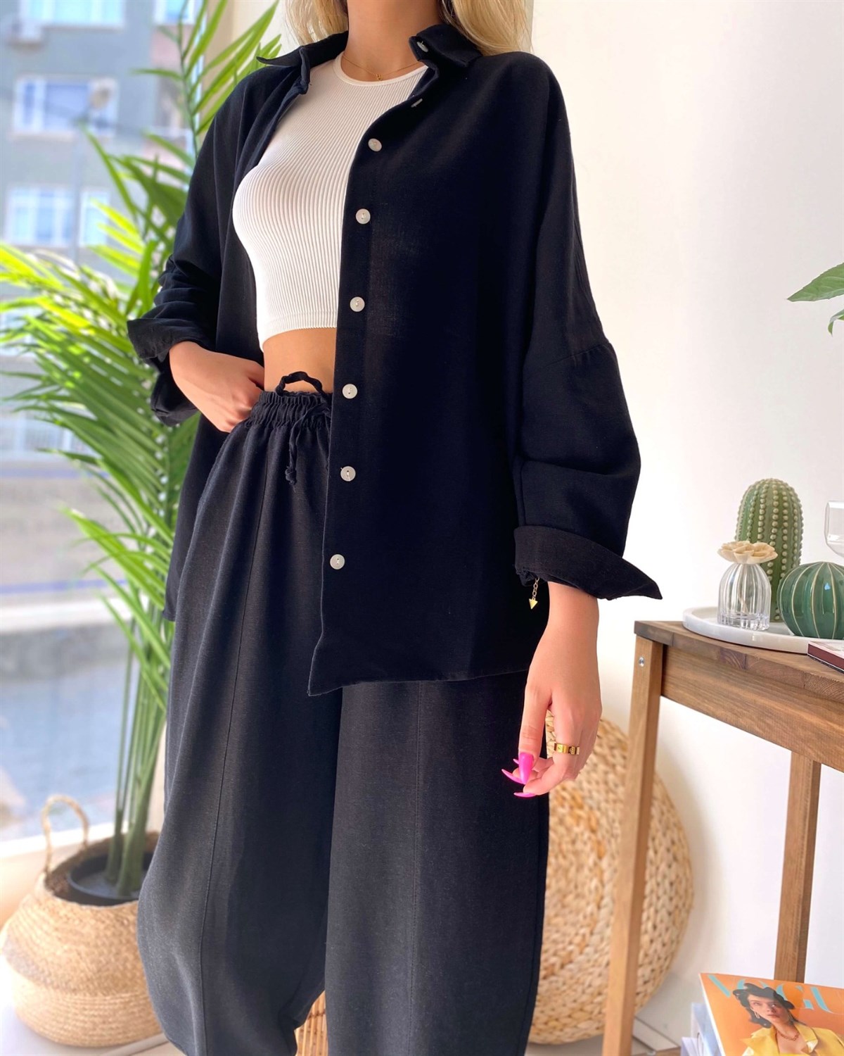 Oversize Düz Keten Gömlek - Siyah