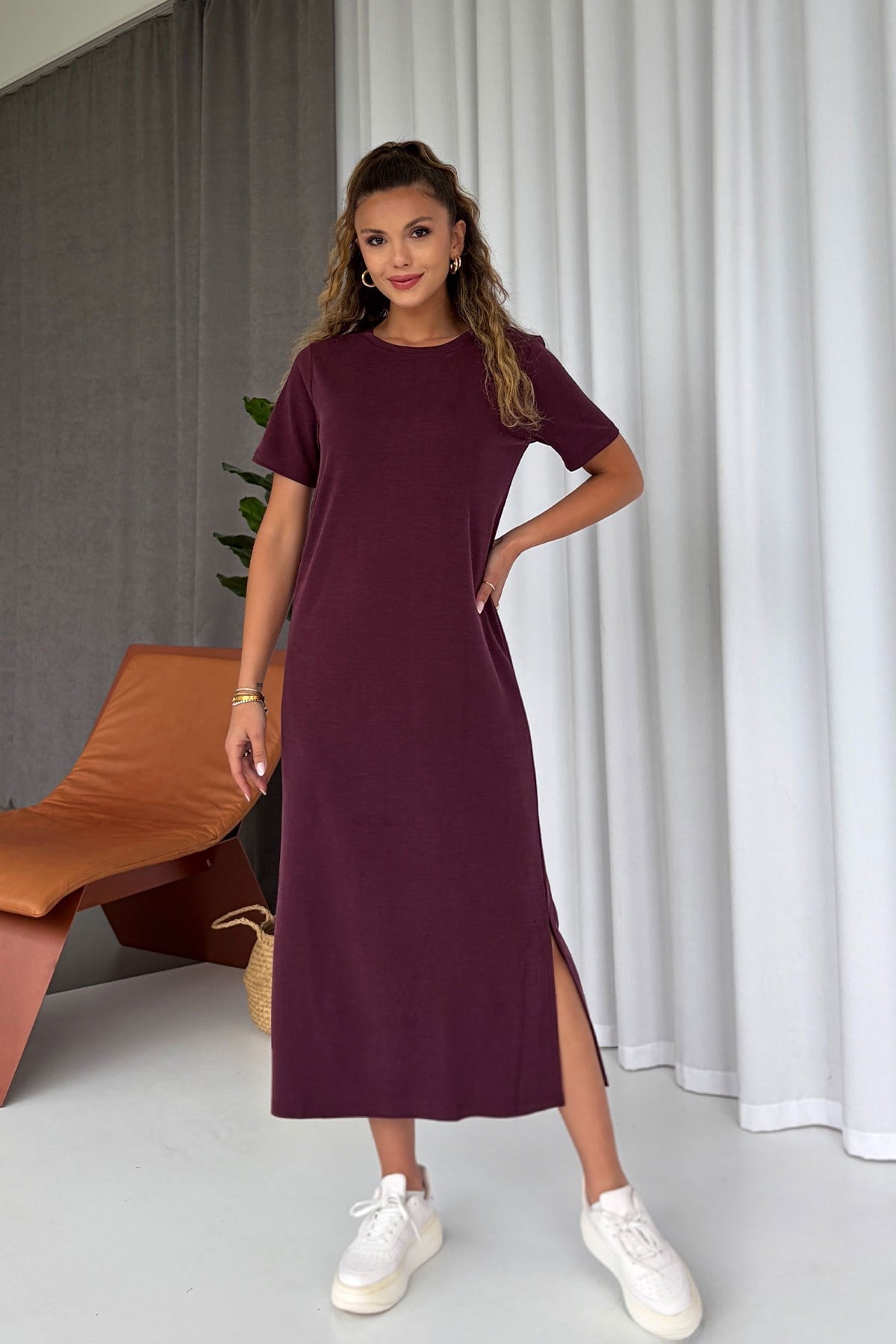 Pike Kumaş Basic Elbise - Bordo
