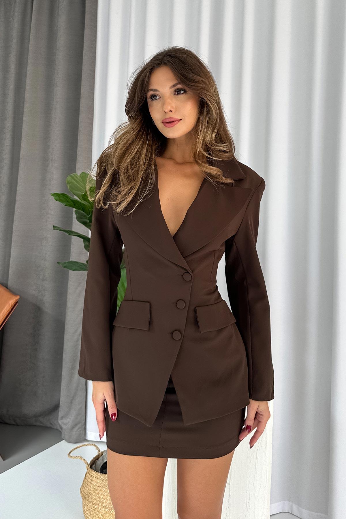 Premium Ceket ve Etekli Kadın Takım -Kahverengi