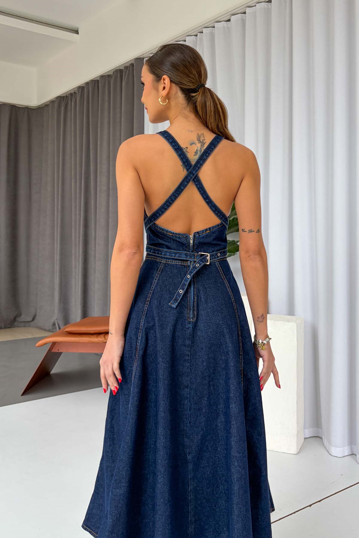 Sırtı Çapraz Denim Midi Kadın Elbise - Koyu Mavi · 6