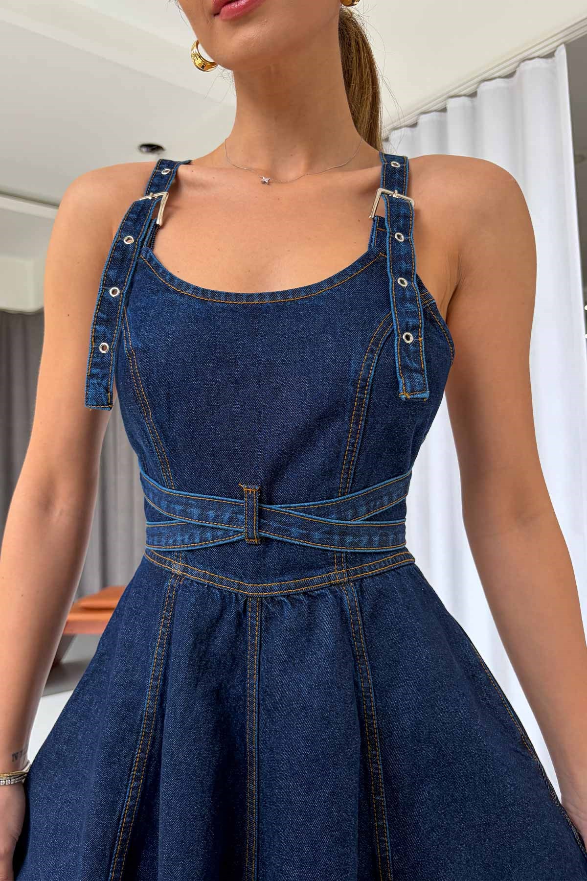 Sırtı Çapraz Denim Midi Kadın Elbise - Koyu Mavi · 5