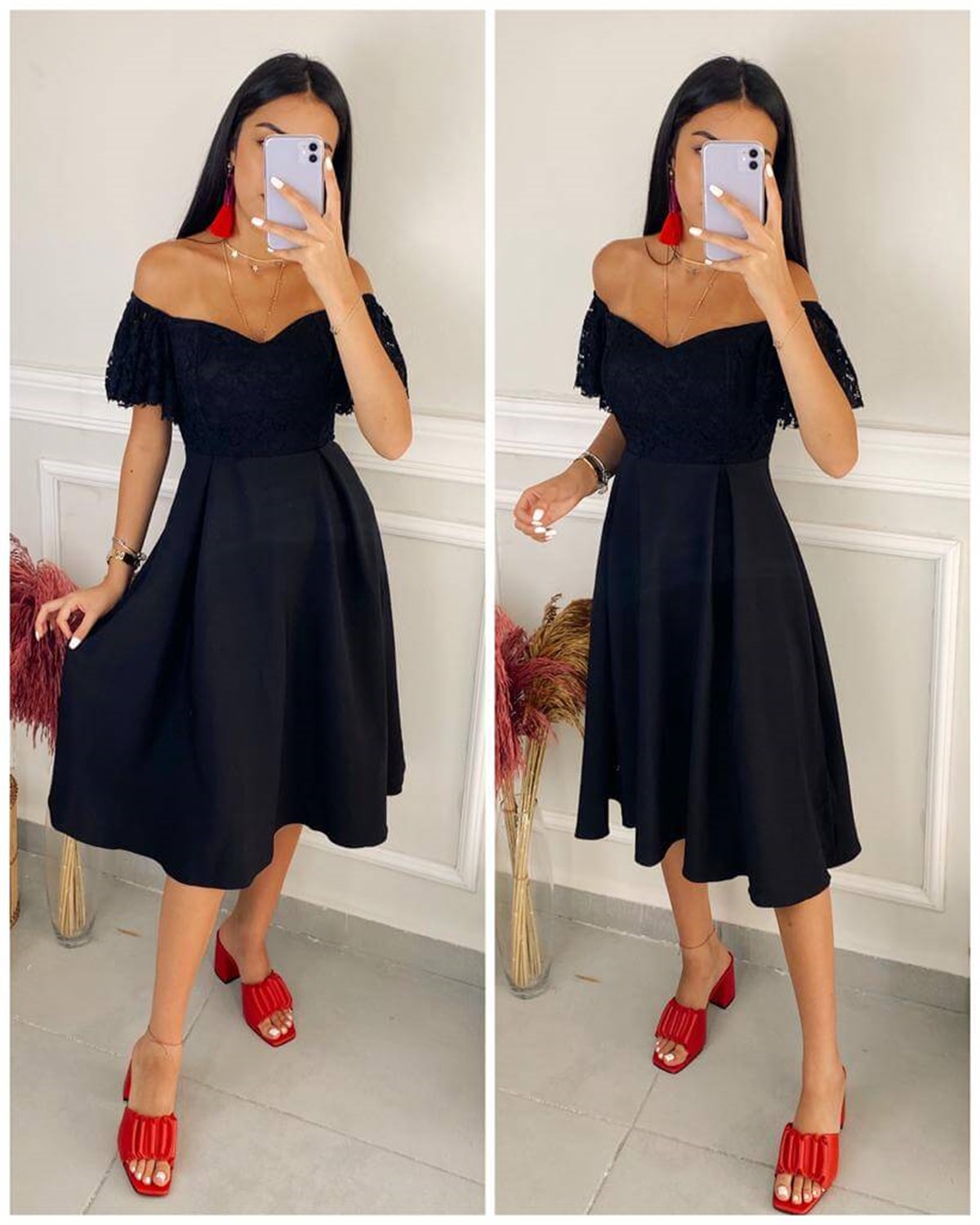 Siyah Güpür Düşük Omuz Abiye Elbise | Trend&Şık Tasarımlar |  minetanbutik.com.tr