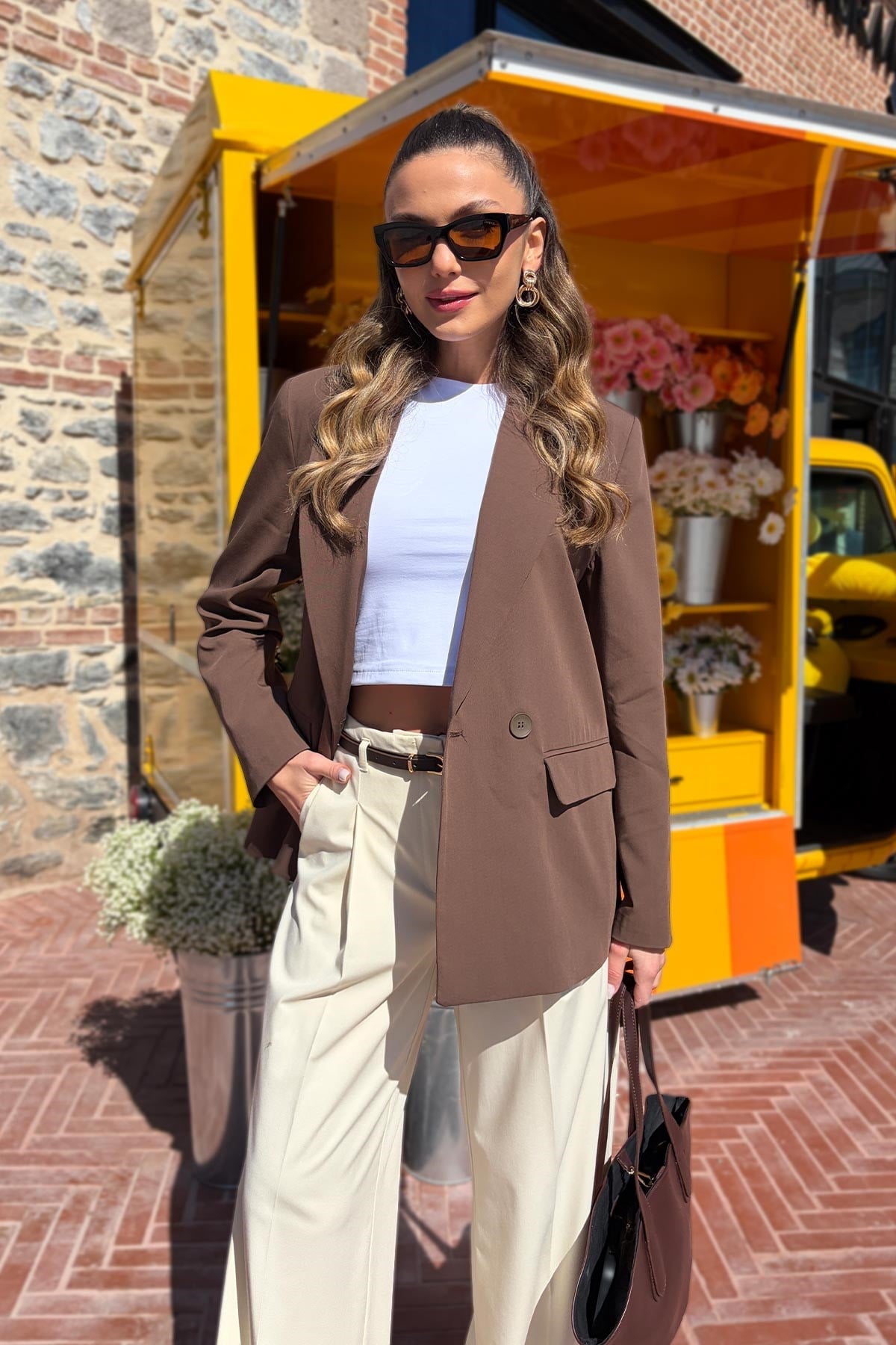 Süs Cepli Blazer Kadın Ceket - Kahverengi