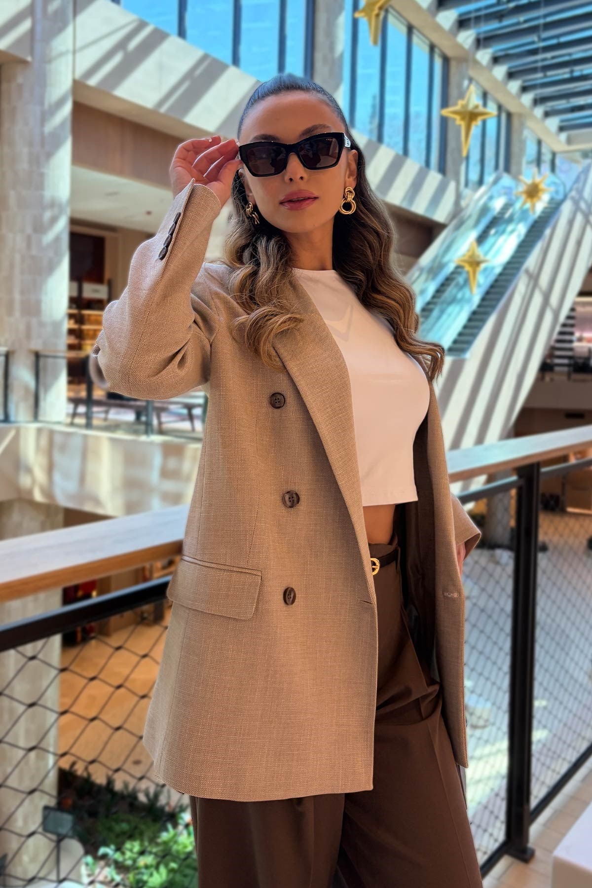 Süs Cepli Kareli Blazer Kadın Ceket