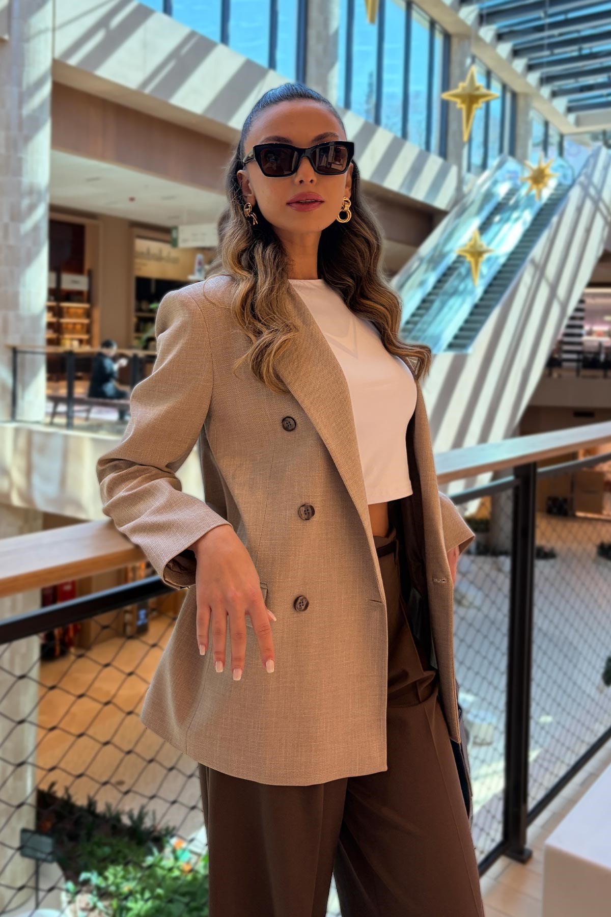 Süs Cepli Kareli Blazer Kadın Ceket · 2