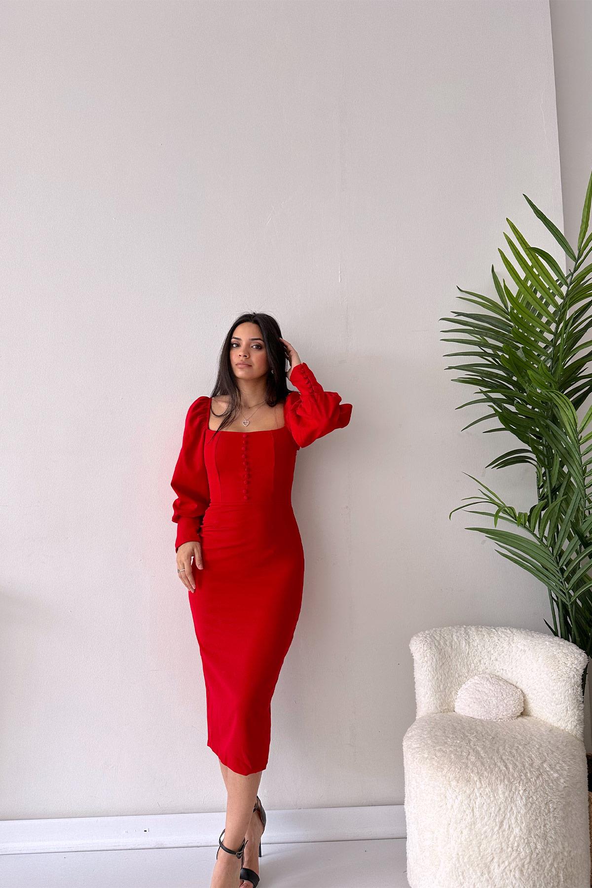 U Yaka Kalem Kadın Elbise - Kırmızı | Trend&Şık Tasarımlar |  minetanbutik.com.tr