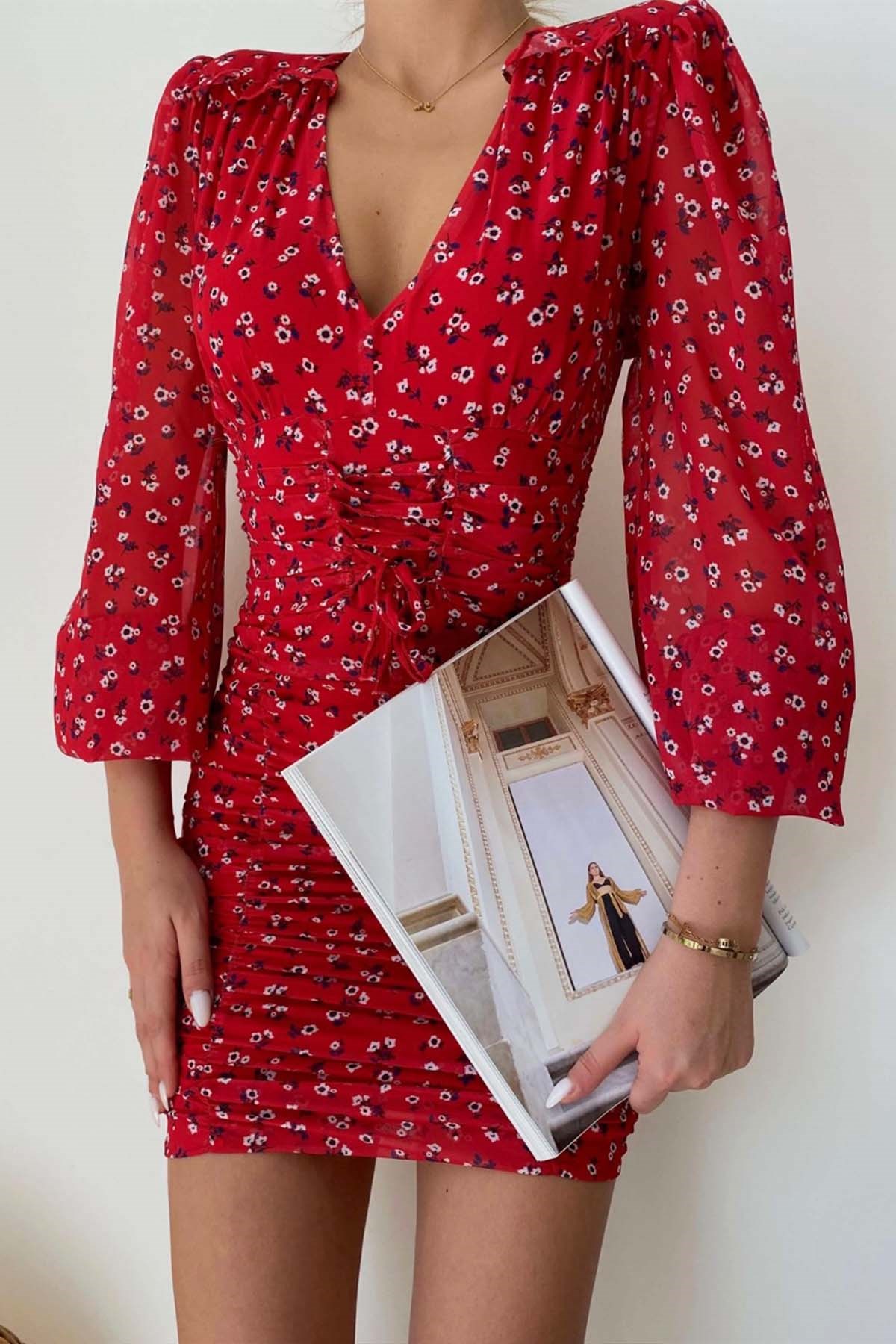 V Yaka Uzun Kollu Çiçek Desenli Mini Elbise - Kırmızı | Trend&Şık  Tasarımlar | minetanbutik.com.tr