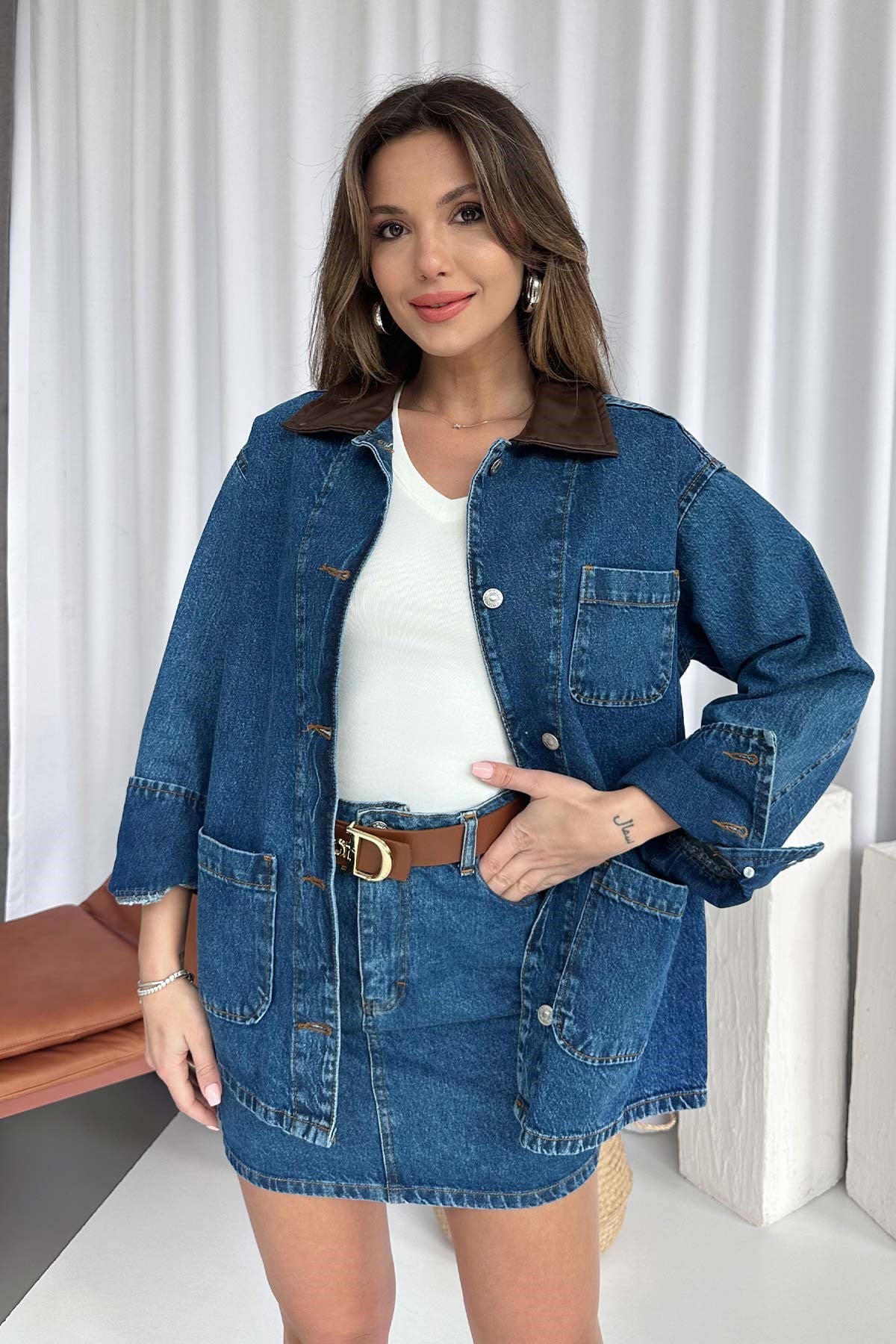 Yaka Detaylı Denim Kadın Oversize Ceket