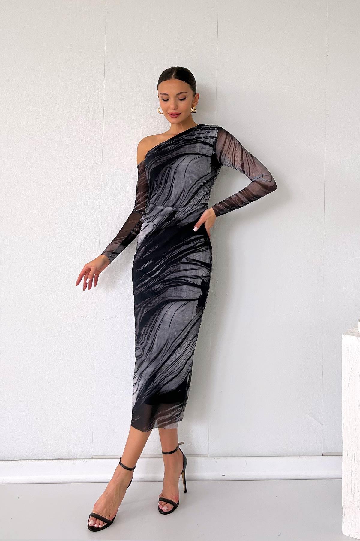Yanları Büzgülü Batik Desen Tül Elbise - Siyah | Trend&Şık Tasarımlar |  minetanbutik.com.tr