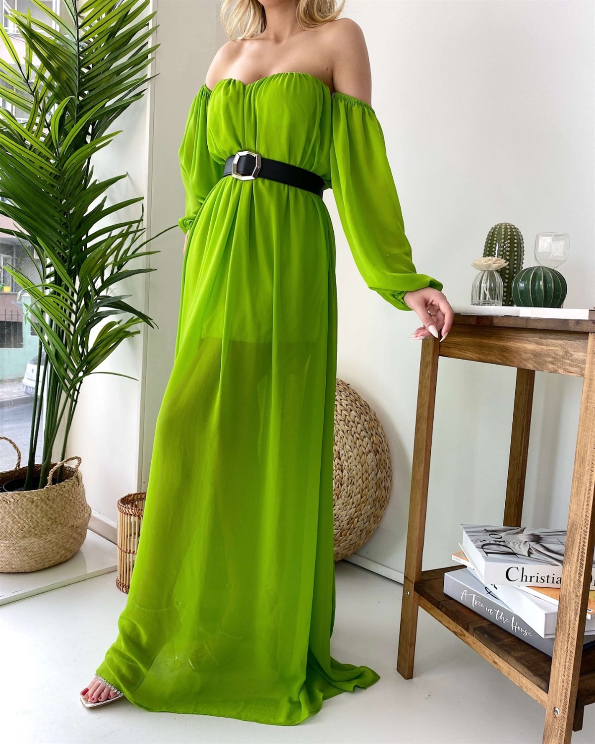 Yeşil Straplez Düz Uzun Kol Kadın Elbise | Trend&Şık Tasarımlar |  minetanbutik.com.tr