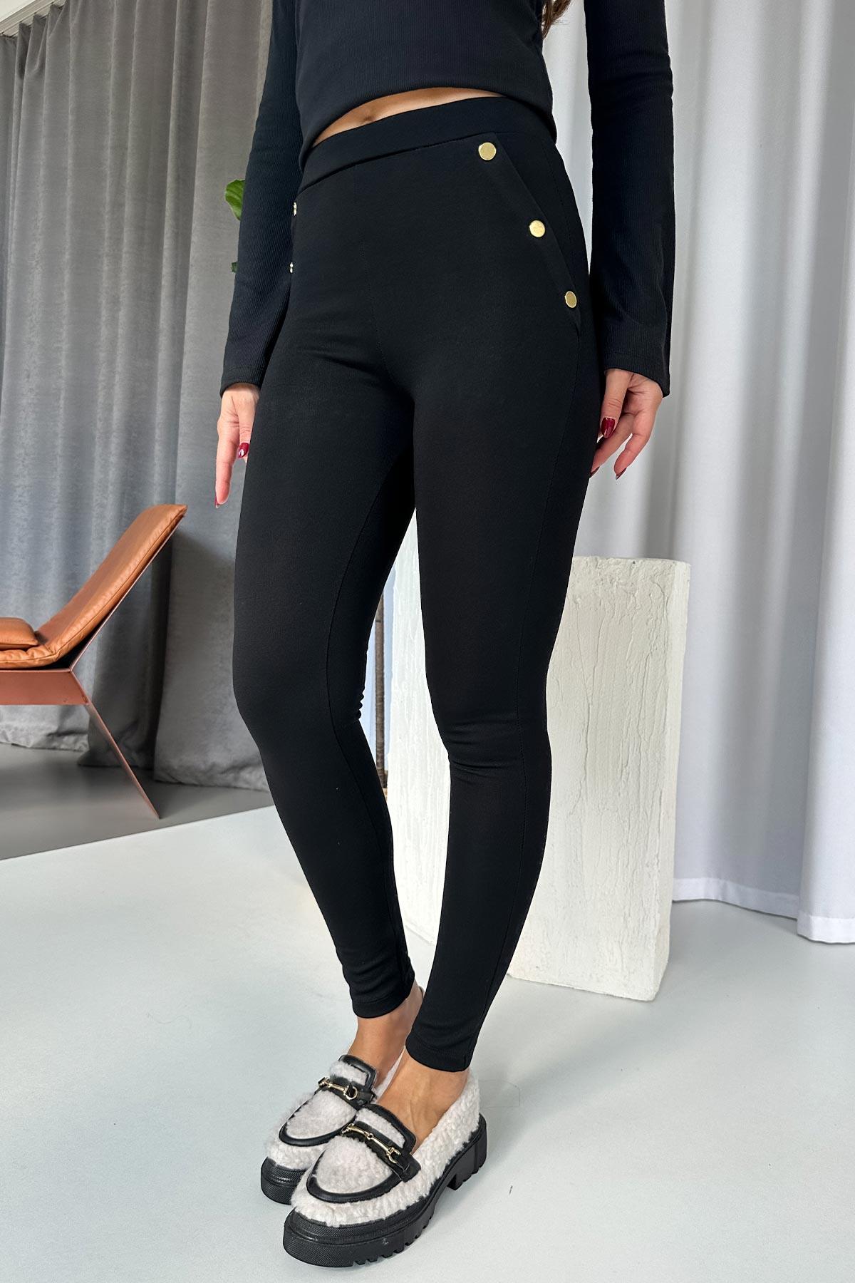 Yüksek Bel Gold Düğme Detay Kadın Tayt - Siyah