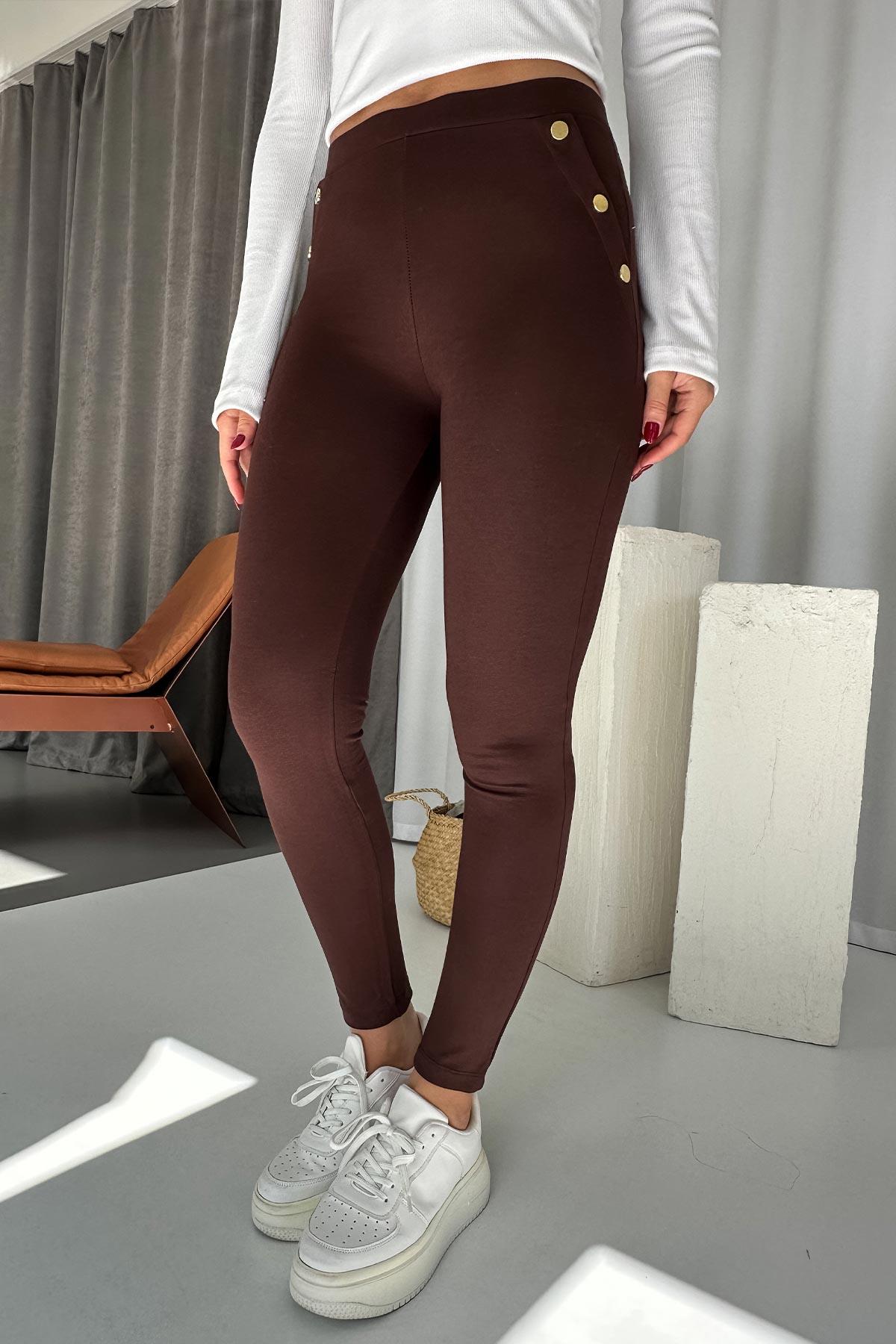 Yüksek Bel Gold Düğme Detay Kadın Tayt - Kahverengi