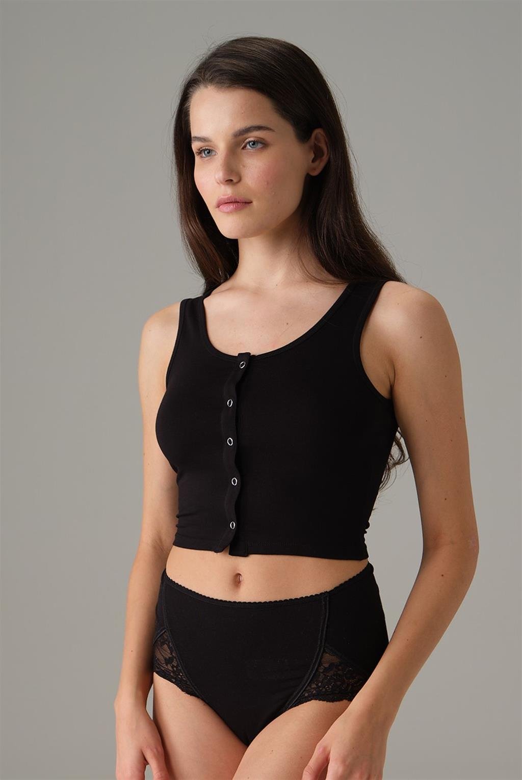 DOREANSE Kadın Siyah ÇıtÇıt Detaylı Crop Atlet 9404