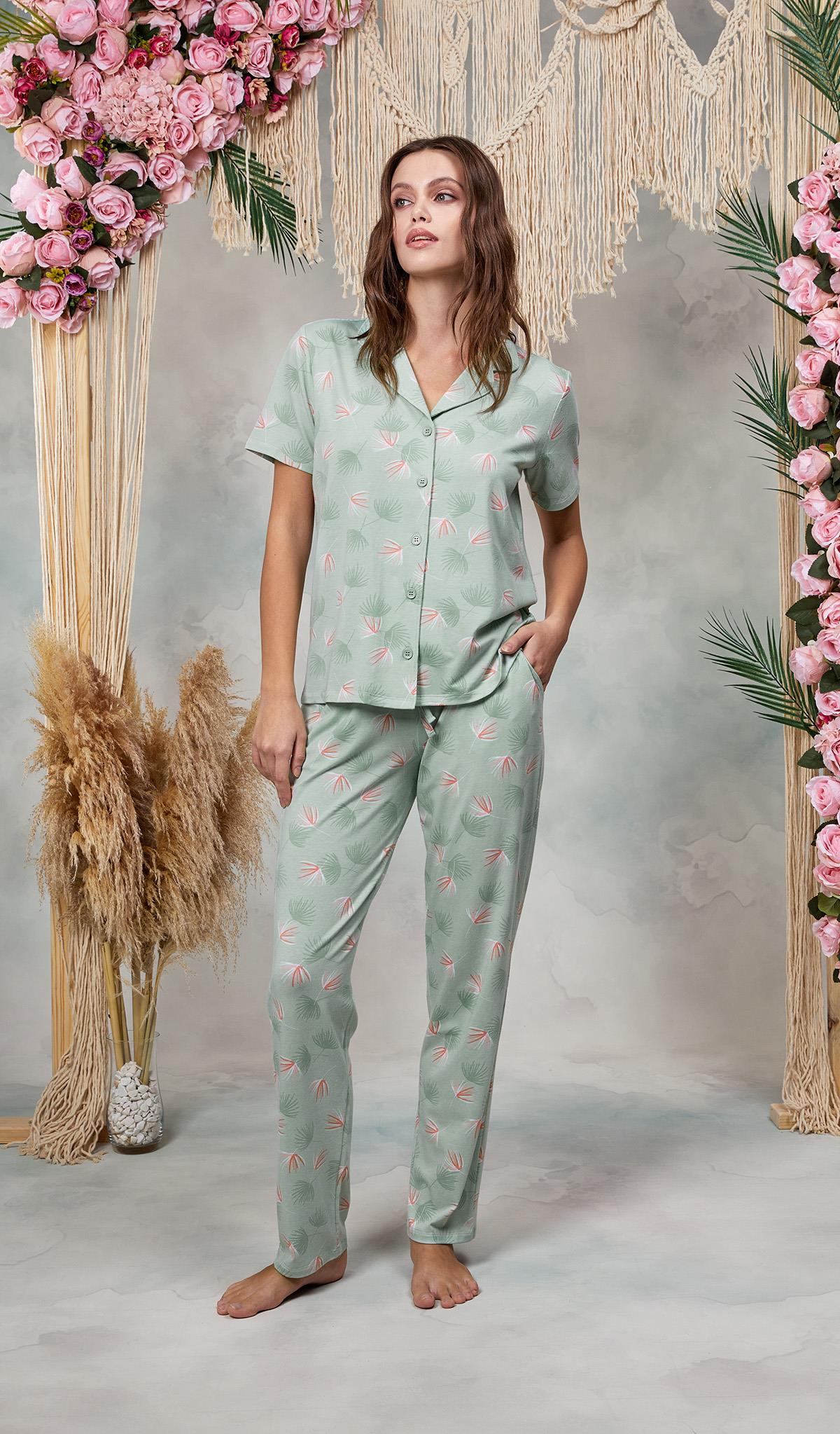 DOREANSE Büyük Beden Kadın Turkuaz Desenli Gömlek T-Shirt Pijama Takımı 25Y4060P