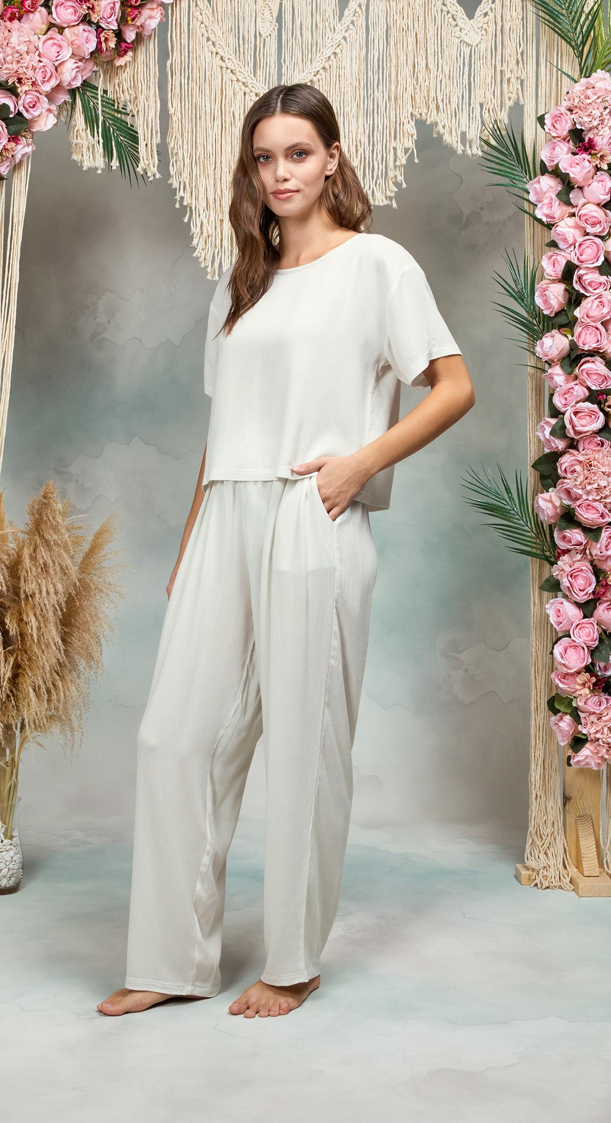 DOREANSE Kadın %100 Viskon Taş Rengi Şalvar Pantolon T-Shirt Pijama Takımı 25Y4071