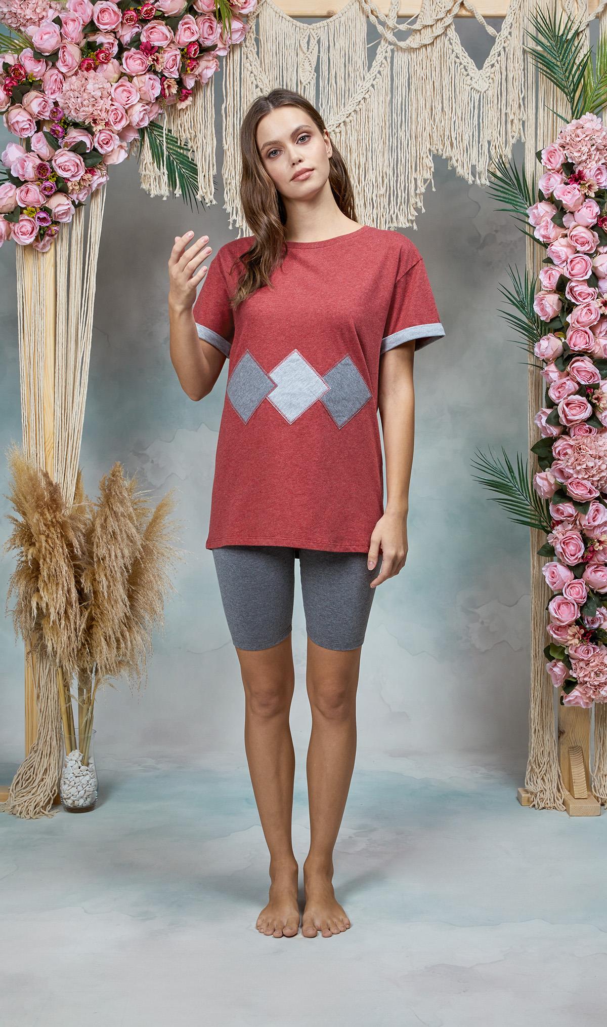 DOREANSE Kadın Gri Melanj Tayt Bordo T-Shirt Pijama Takımı 25Y4076