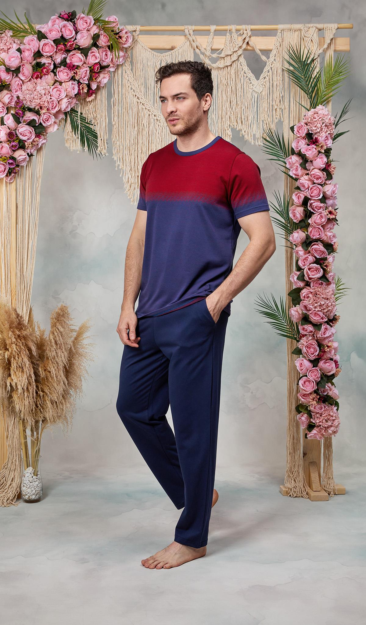 DOREANSE Erkek Lacivert Kırmızı Baskılı Bisiklet Yaka T-Shirt Pijama Takımı 25Y4560