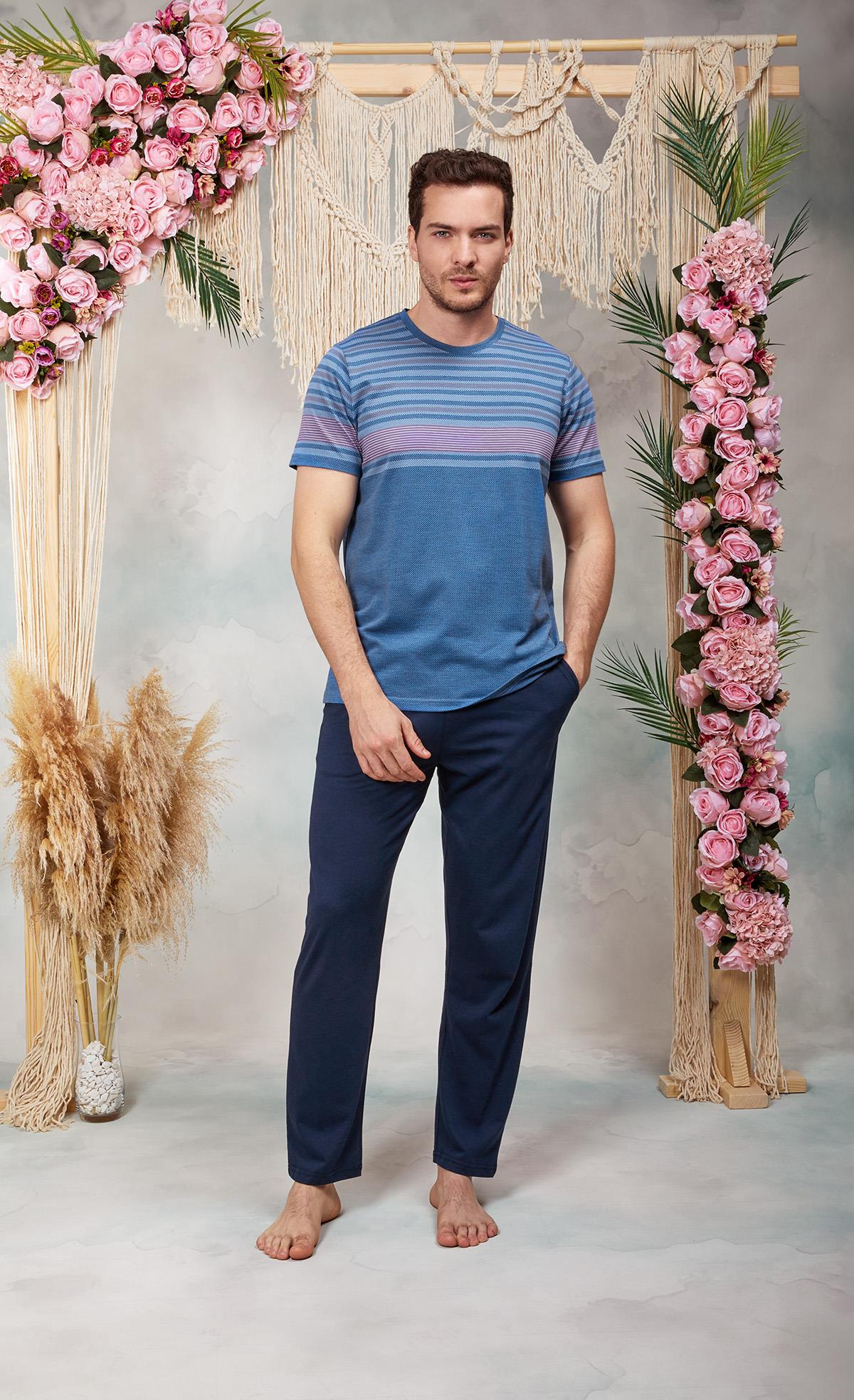 DOREANSE Erkek Lacivert Bisiklet Yaka Baskılı T-Shirt Pijama Takımı 25Y4562