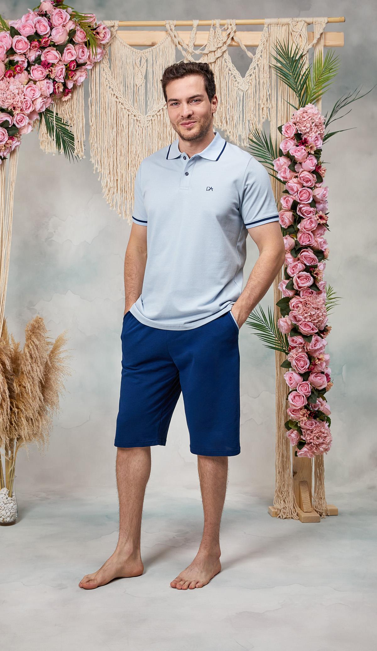 DOREANSE Erkek Mavi Polo Yaka %100 Pamuk Şort T-Shirt Pijama Takımı 25Y4564