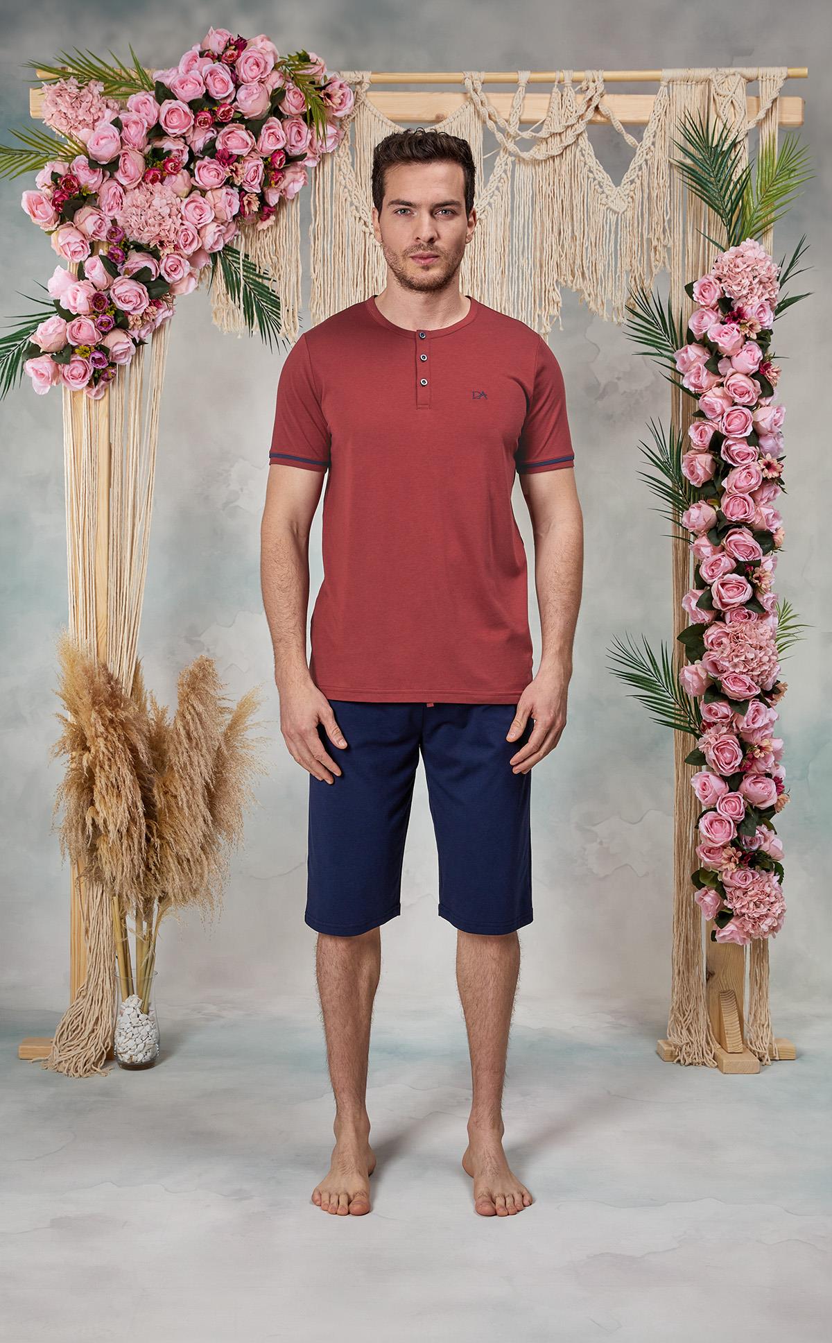 DOREANSE Erkek Bordo Düğme Yaka Şort T-Shirt Pijama Takımı 25Y4565