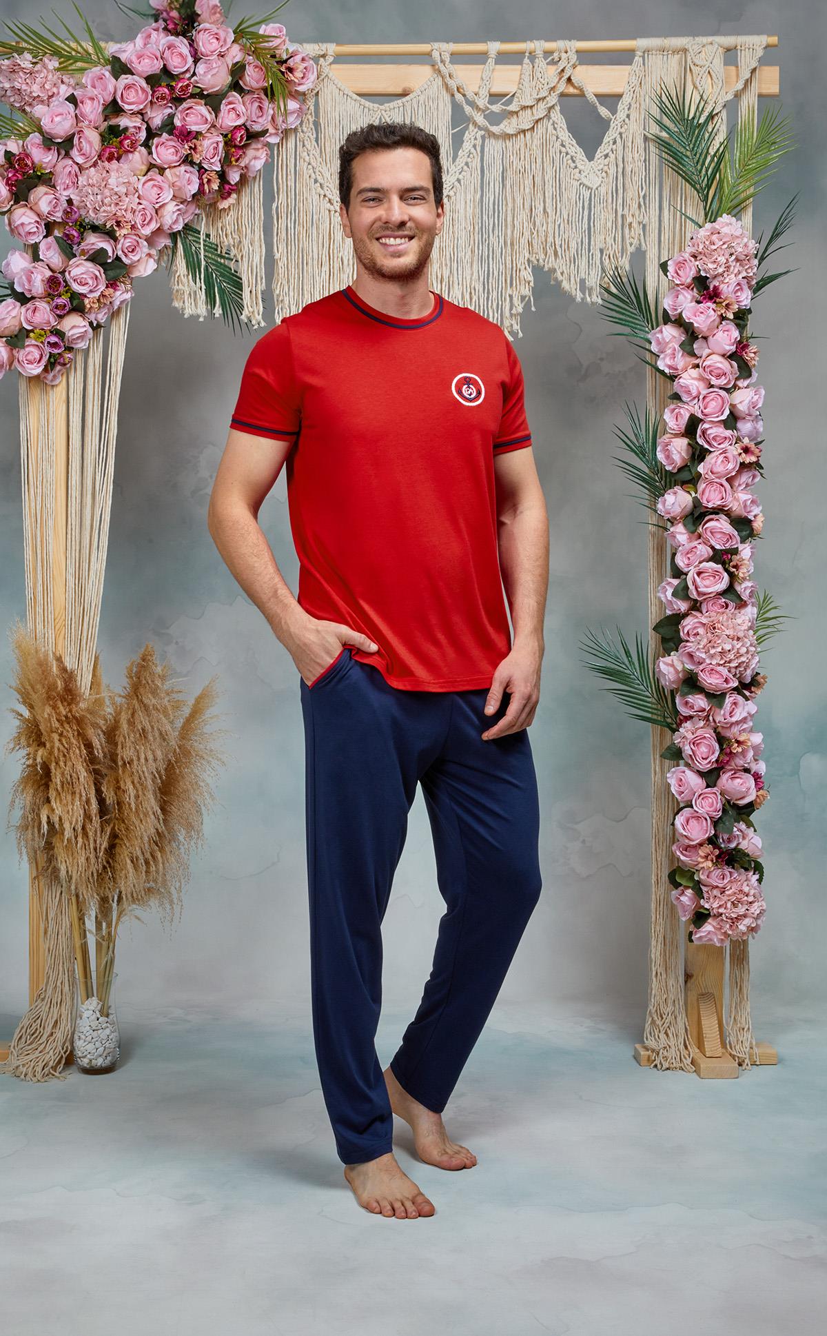 DOREANSE Erkek Kırmızı Lacivert Gemici Baskılı T-Shirt Pijama Takımı 25Y4570
