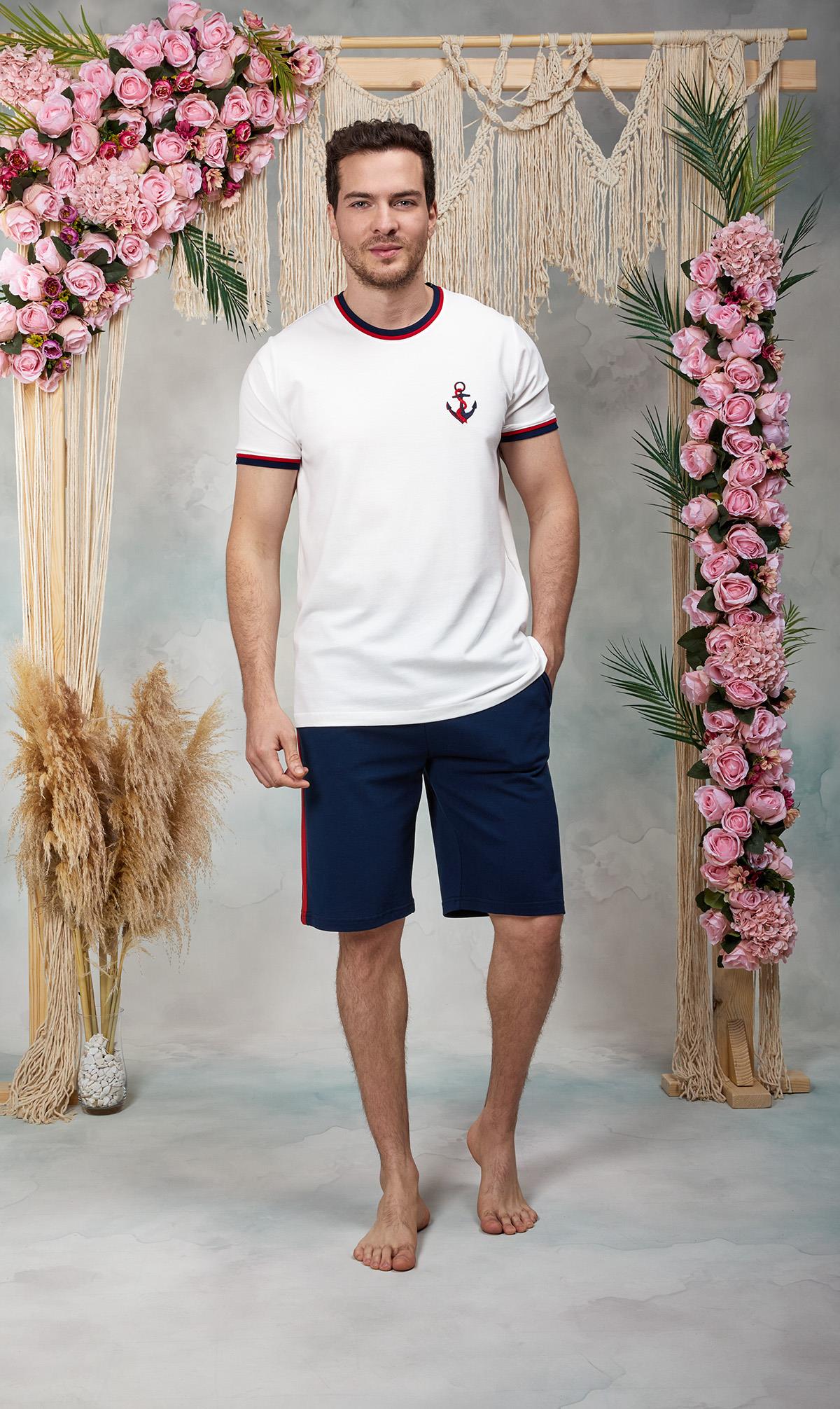 DOREANSE Erkek %100 Pamuk Lacivert Beyaz Gemici Baskılı Şort T-Shirt Pijama Takımı 25Y4571