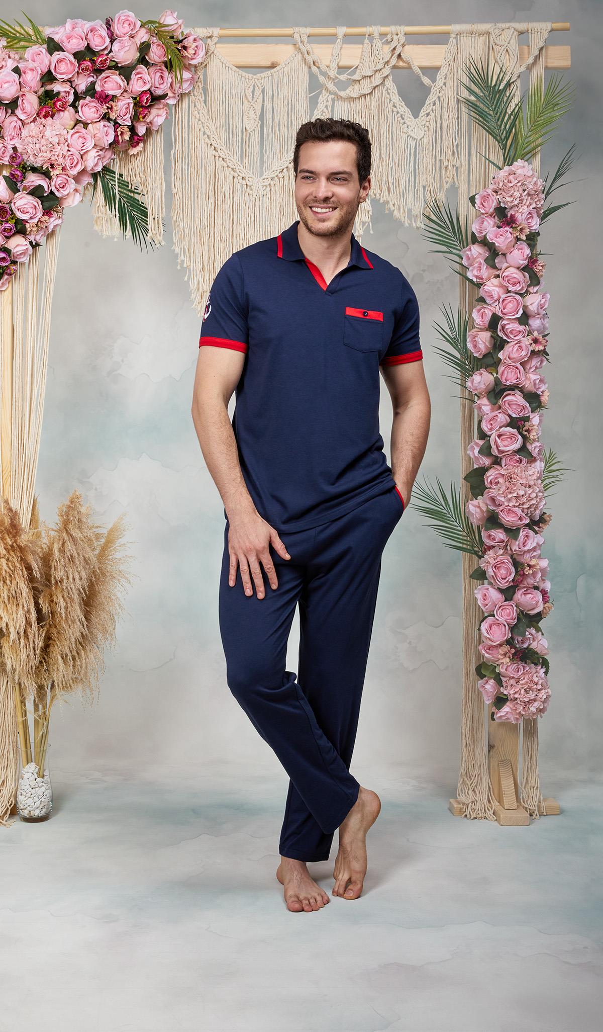 DOREANSE Erkek Lacivert Gemici Baskılı Polo Yaka T-Shirt Pijama Takımı 25Y4572