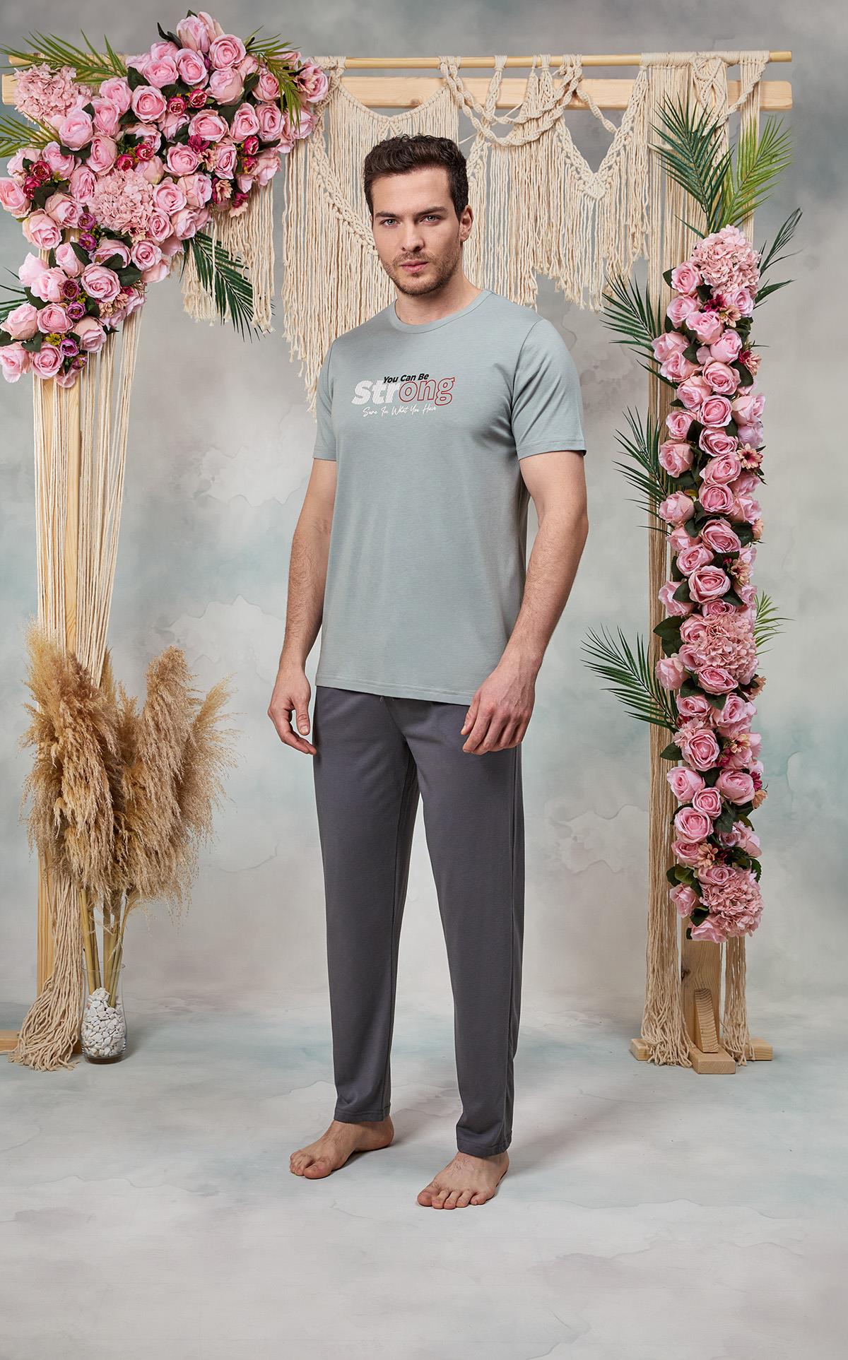 DOREANSE Erkek Gri Yazı Baskılı T-Shirt Pijama Takımı 25Y4574