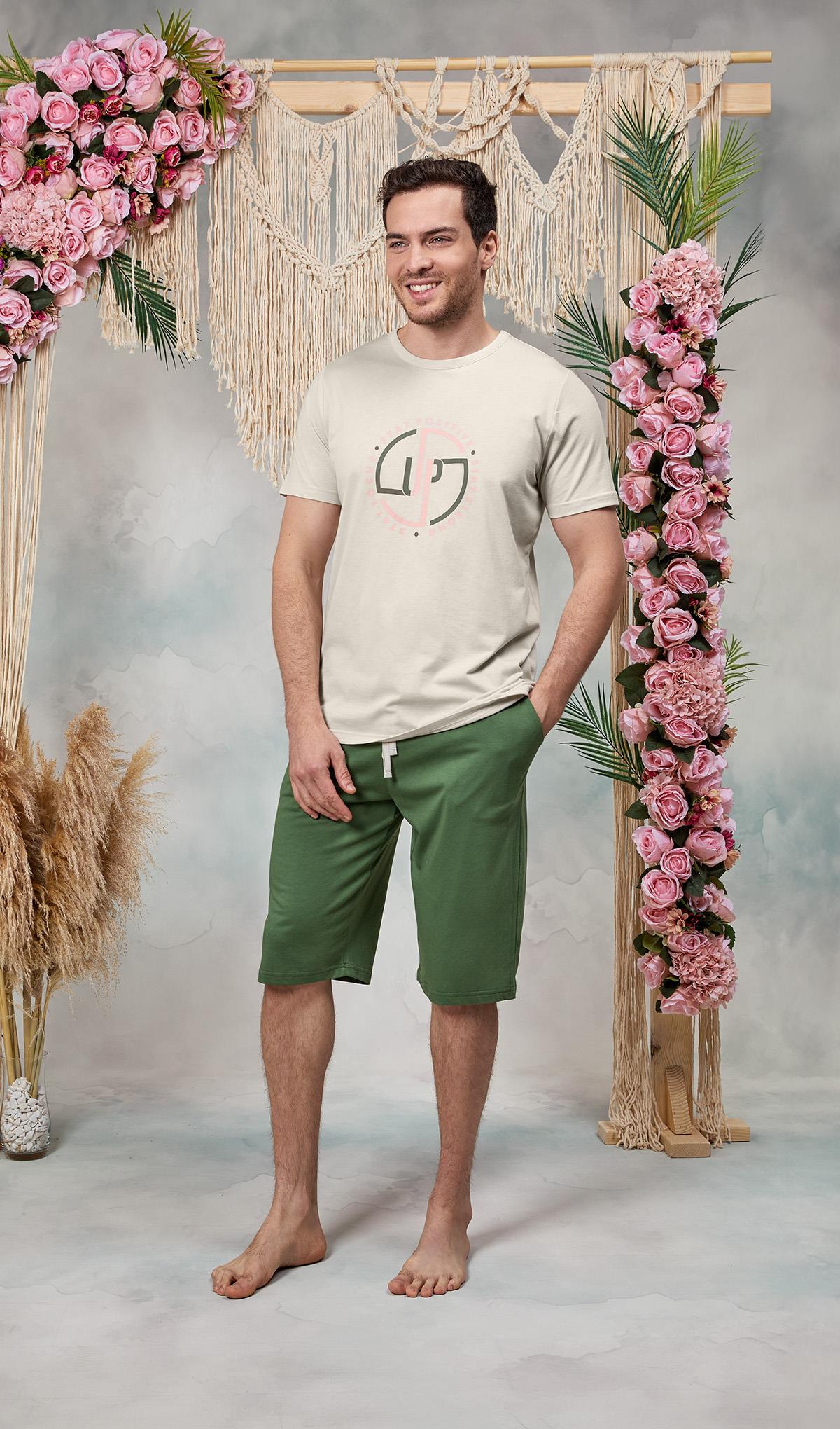 DOREANSE Erkek Yeşil Şort Krem Baskılı T-Shirt Pijama Takımı 25Y4576