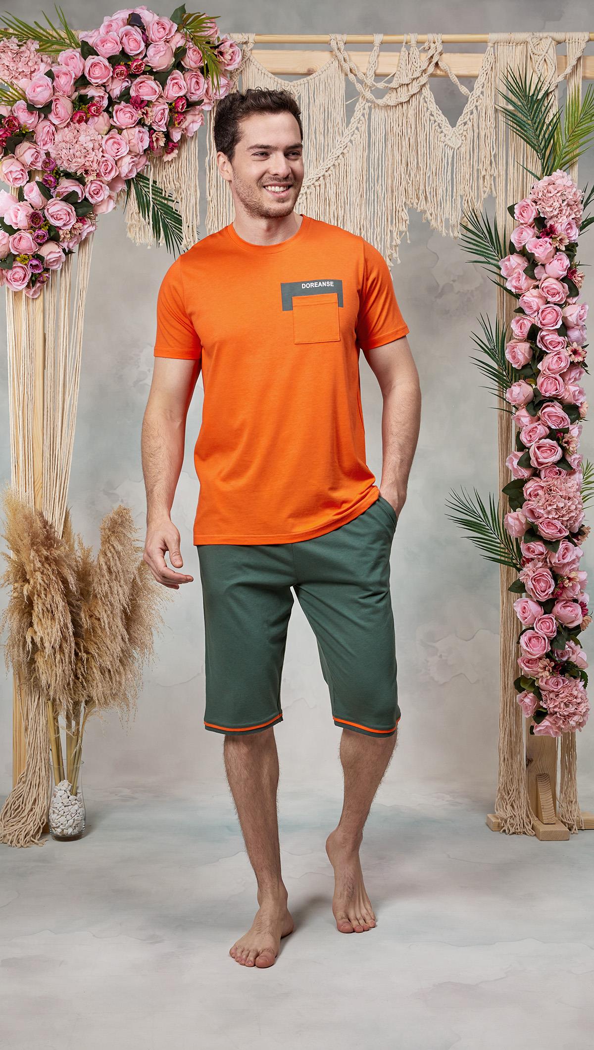 DOREANSE Erkek Turuncu Cep Detaylı Şort T-Shirt Pijama Takımı 25Y4577